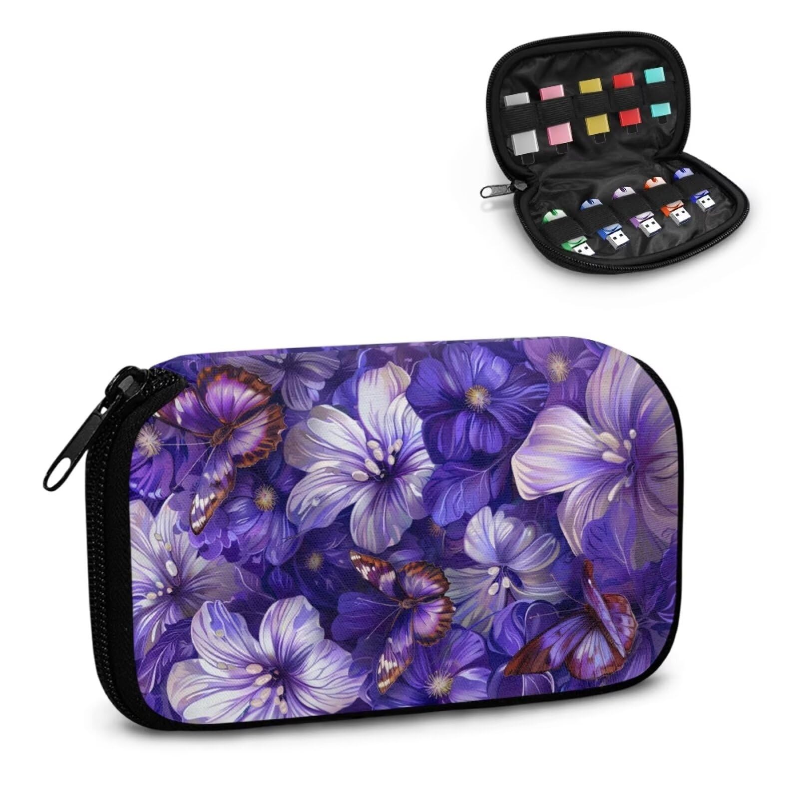 STUOARTE Flower Butterfly Print USB Flash Drive Case Thumb Drive Case, Portable USB Holder Storage Bag with 10 Slots, Office Home Electronic