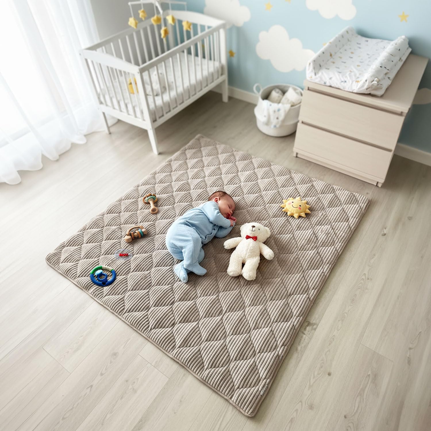 Sanosoft® Soft-Cord Krabbeldecke - rutsch- & wasserfest - Öko Tex & Made in Germany (Natur/Creme, 130x150cm)