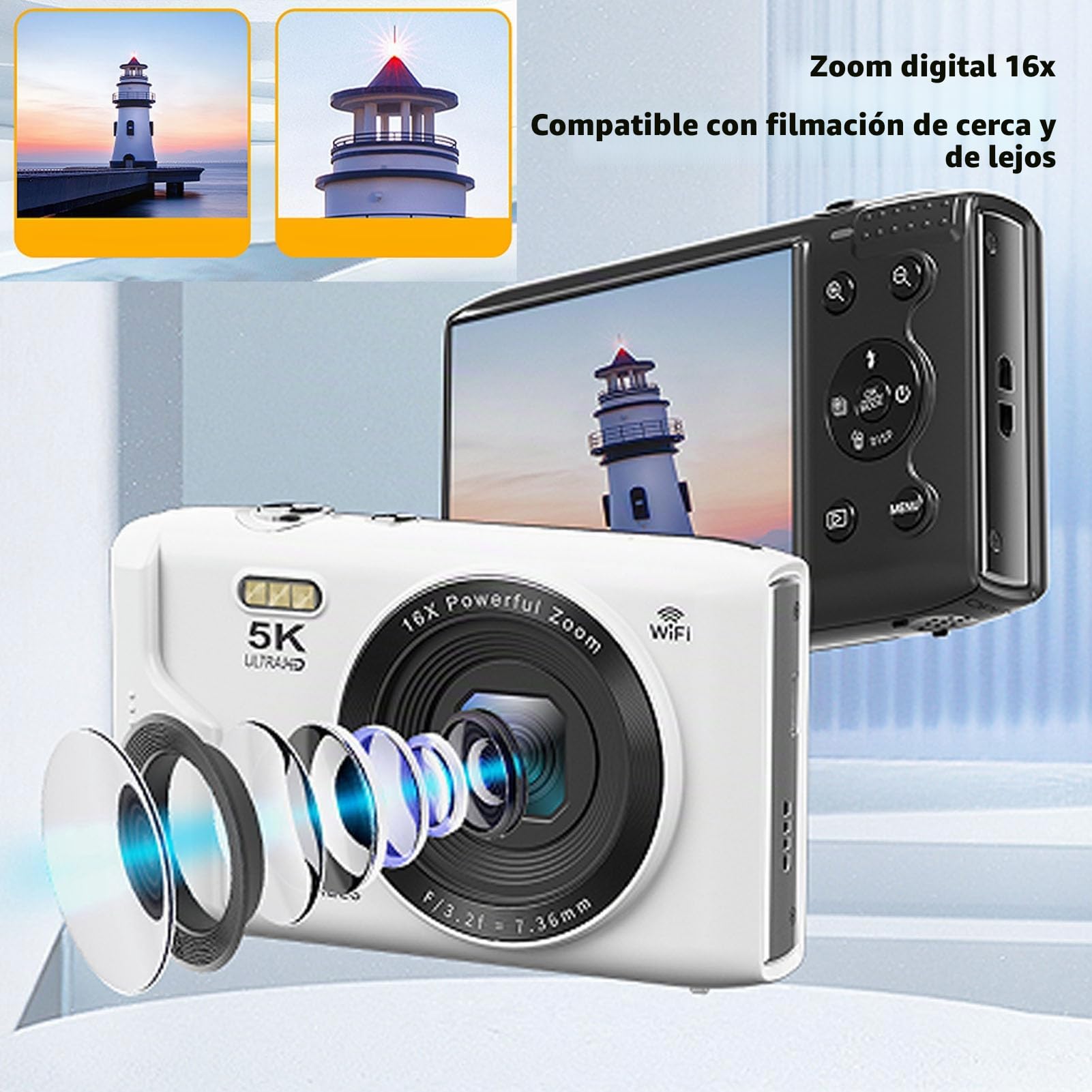 Cámara Digital de 5k 72MP con WiFi, 16x Zoom óptico, 2.8 LCD, 1200 MAh Battery Vlogging Camera para Viajar, Youtube, Soporte de 128 GB (Enfoque Automático, Modo Macro, Cámara