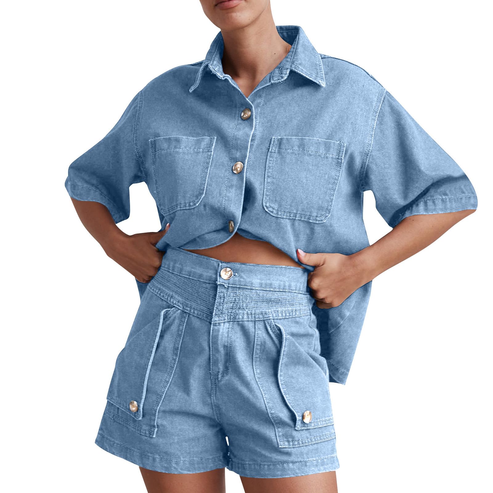 Completo da Due Pezzi da Donna Y2 in Denim, Coordinato, Camicia a Maniche Corte, Pantaloncini di Jeans a Vita Alta, Completo Estivo da Salotto, Camicia in Denim con Bottoni, pantal