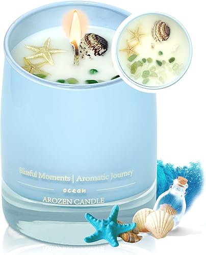 Velas perfumadas Ocean Beach, regalo para mujeres, velas de soja de playa de aromaterapia de 10 onzas para el hogar, velas de mar con cristal