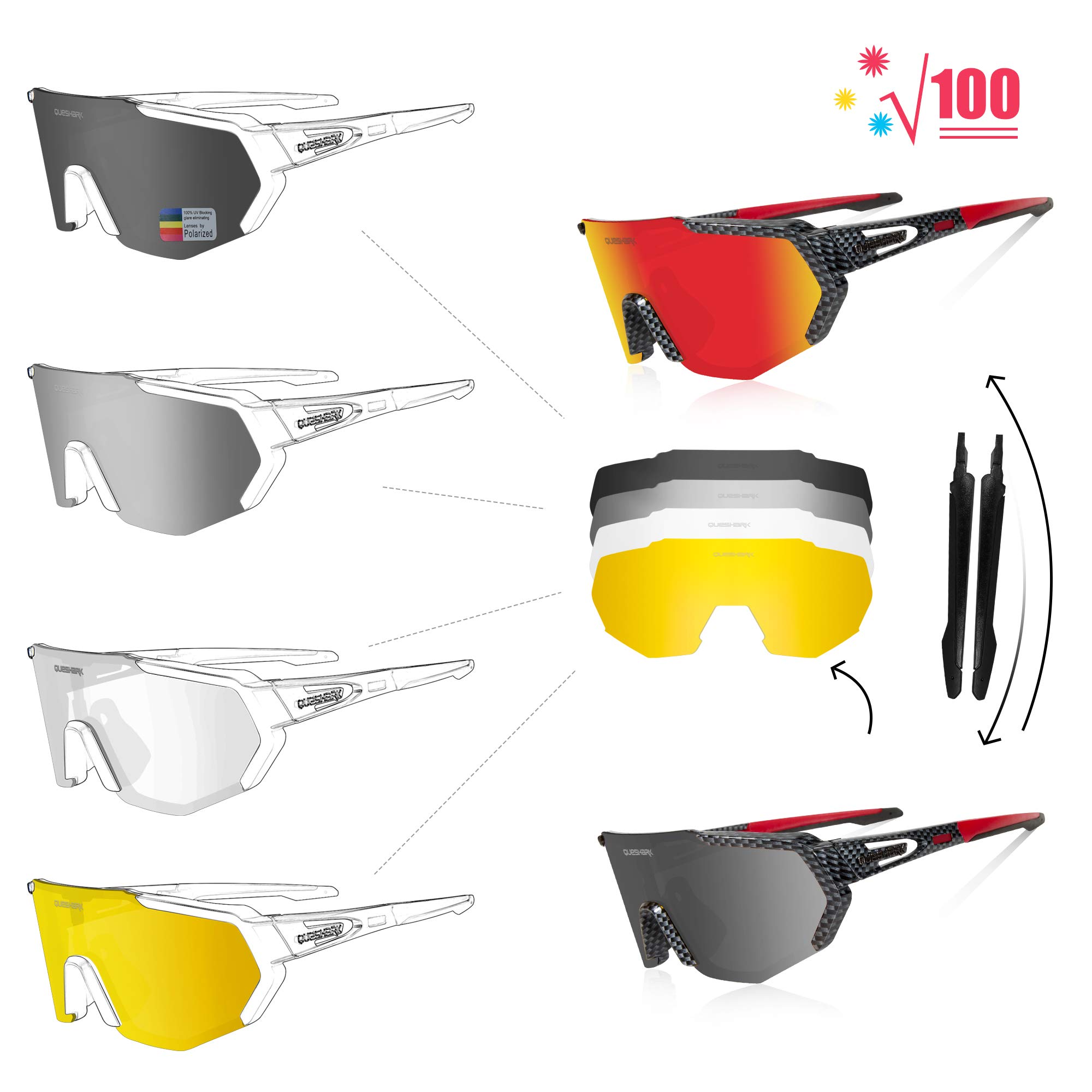 Queshark Okulary rowerowe, polaryzacyjne, sportowe okulary przeciwsłoneczne dla mężczyzn i kobiet, z 5 wymiennymi soczewkami, anty-UV400, do jazdy, wędkowania, baseballu, biegania, wędrówek