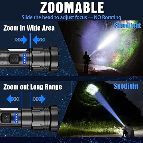 Miniatura 7 de Linterna LED súper brillante, linterna recargable de alto lúmenes, 5 modos de zoom, impermeable, para campamento, niños, adultos, al aire libre,
