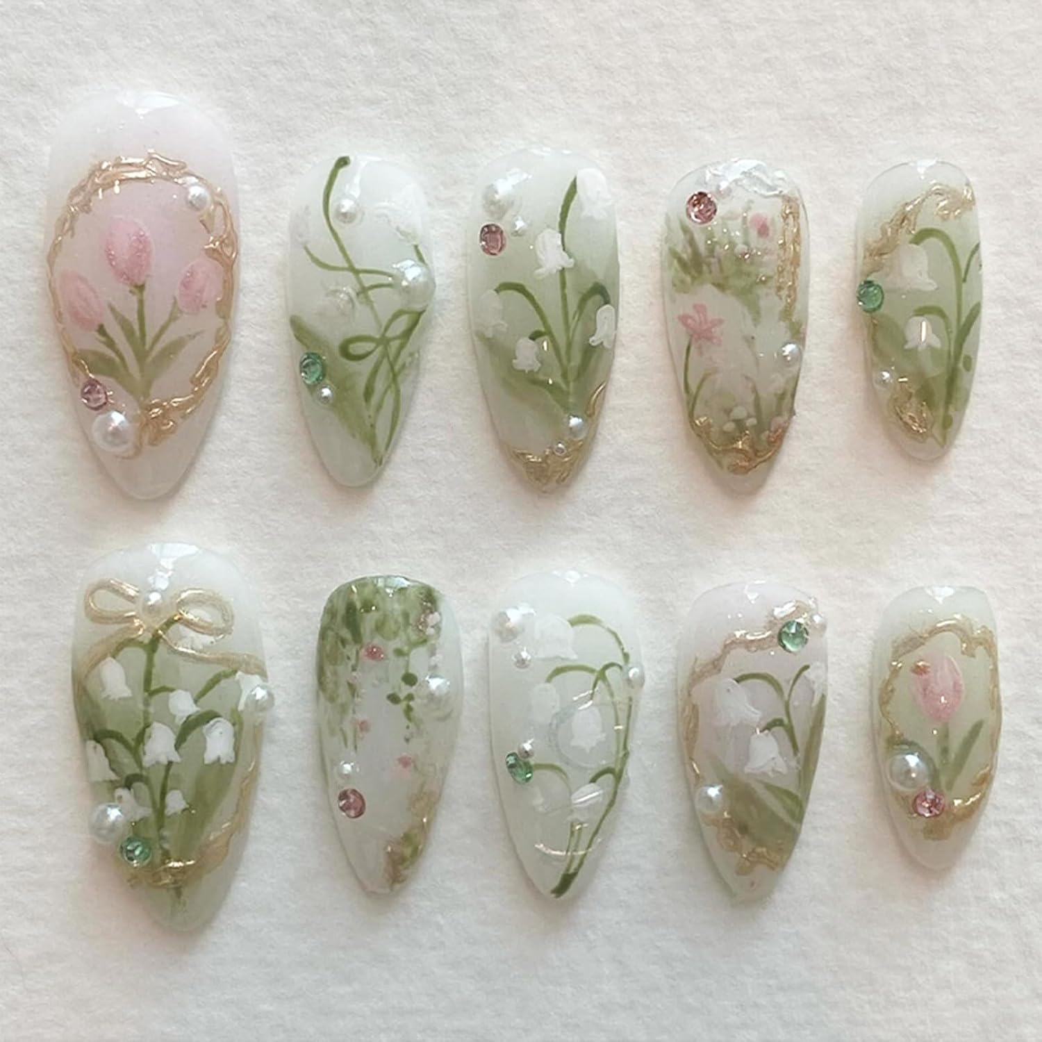 Green Press on Nails Medium Almond with 3D Pearl Rhinestones