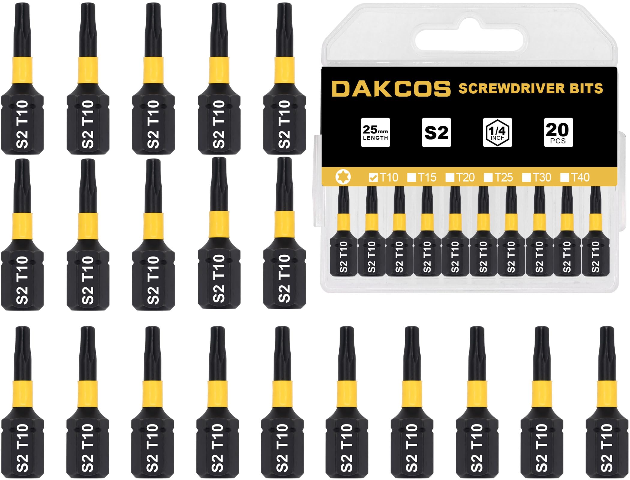Dakcos T10 Torx Bit, Impact Driver Bits, 1/4" Screwdriver Bit Sets, 20Pcs Premium S2 Alloy Steel Bits, 25Mm Long