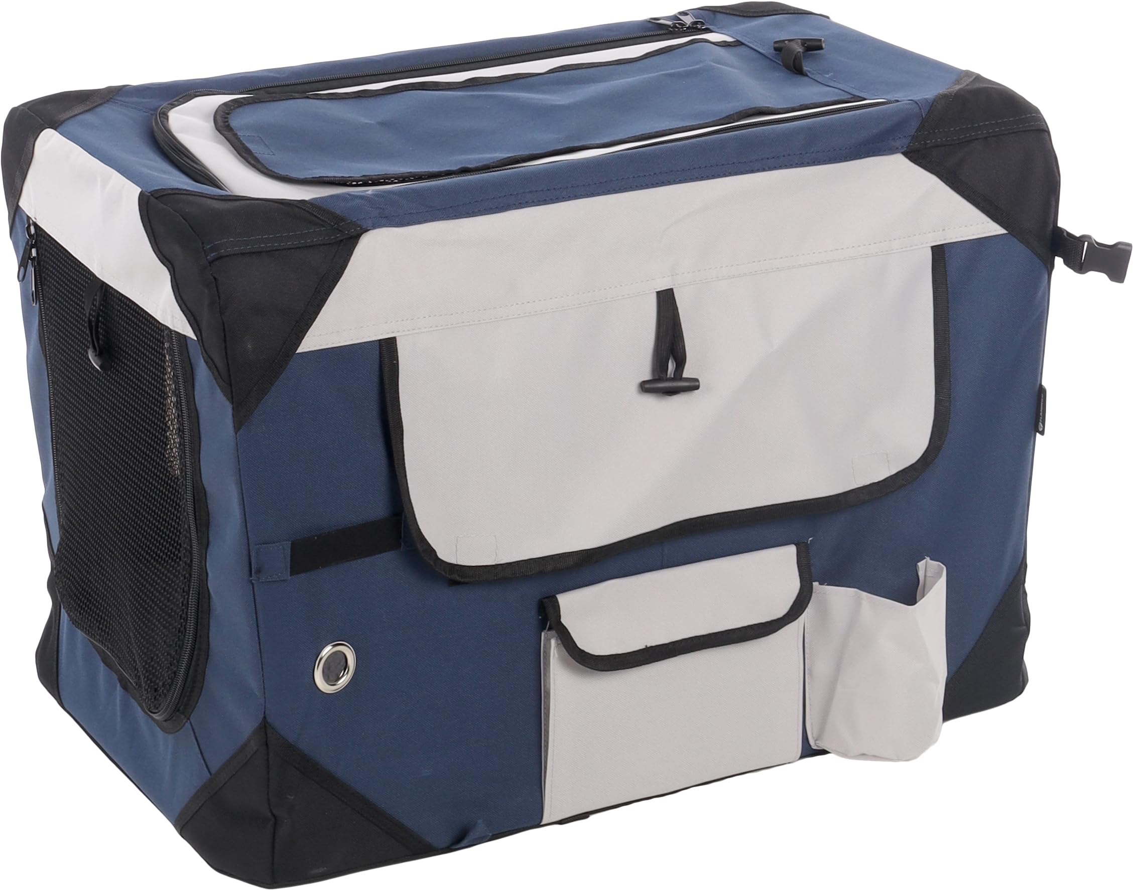 Flamingo Cage de Transport - Premium qualité Chien - Geronimo Bleu 42x60x42cm - Cadre renforcé et Pliable - Lavable - Fond Amovible - Rideaux enroulables,possibilité pour Attacher Une Gourde
