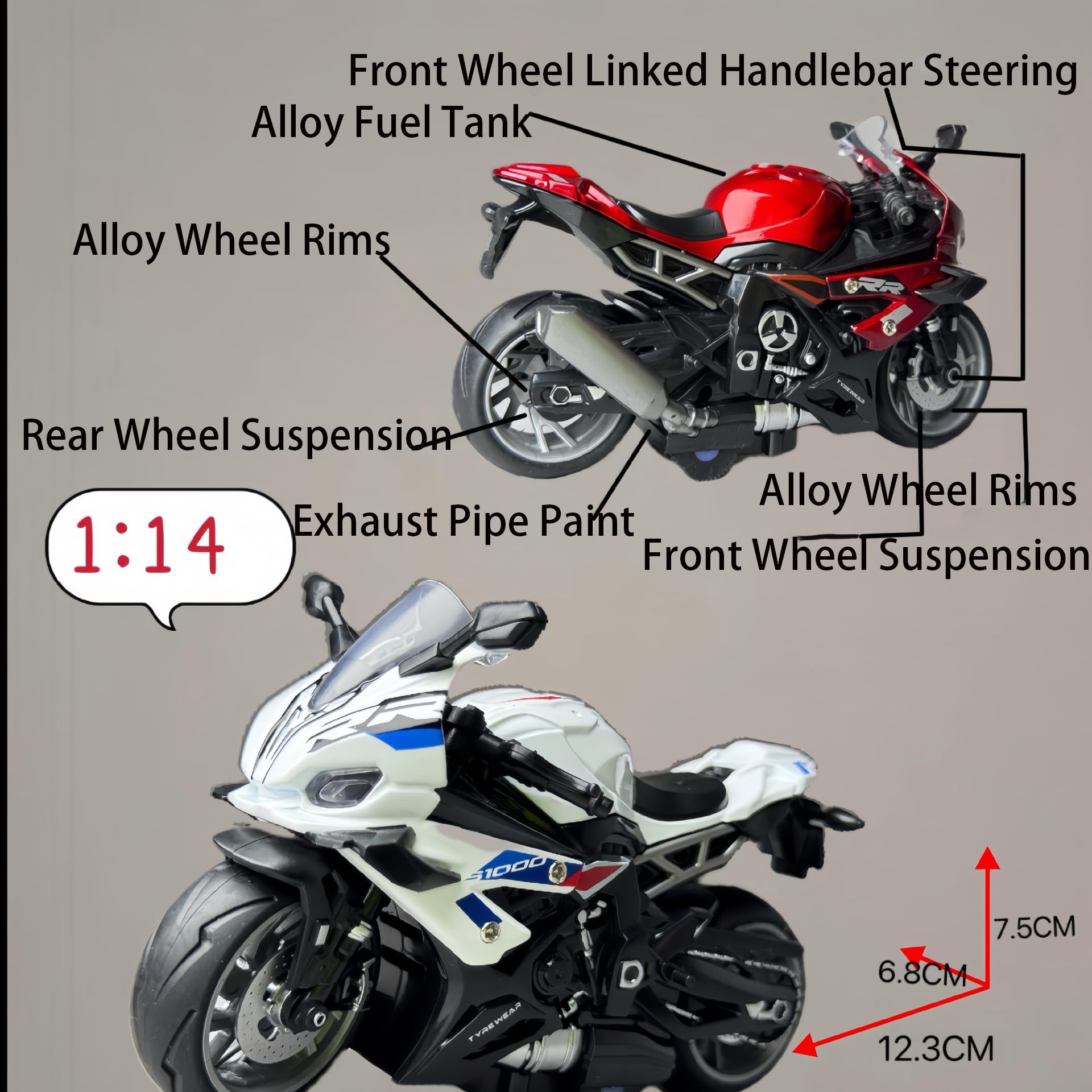 Feuerrotes Kinderspielzeug S1000RR Replica Aluminium-Motorrad, Aufziehbares Motorrad-Spielzeugmodell, Display-Stück, Druckguss im Maßstab 1:14 – Geschenk – Geeignetes Alter: Kinder (7–14 Jahre) - 4