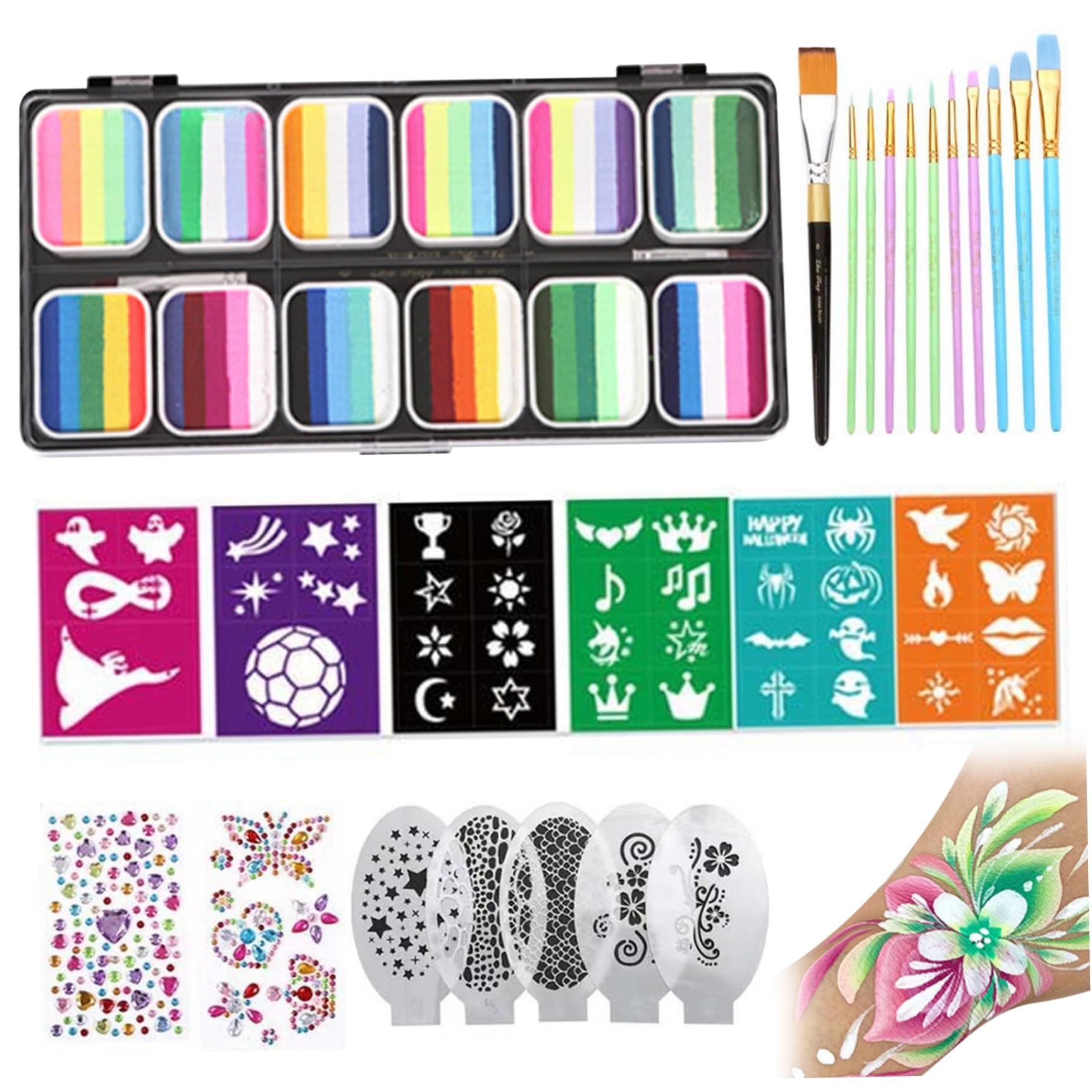 Kit de peinture faciale 12 palettes à gâteaux divisées kit de maquillage en face avec pochoirs Broussants Stickers arc-en-ciel non toxique peinture corps pour enfants pour enfants Halloween Car