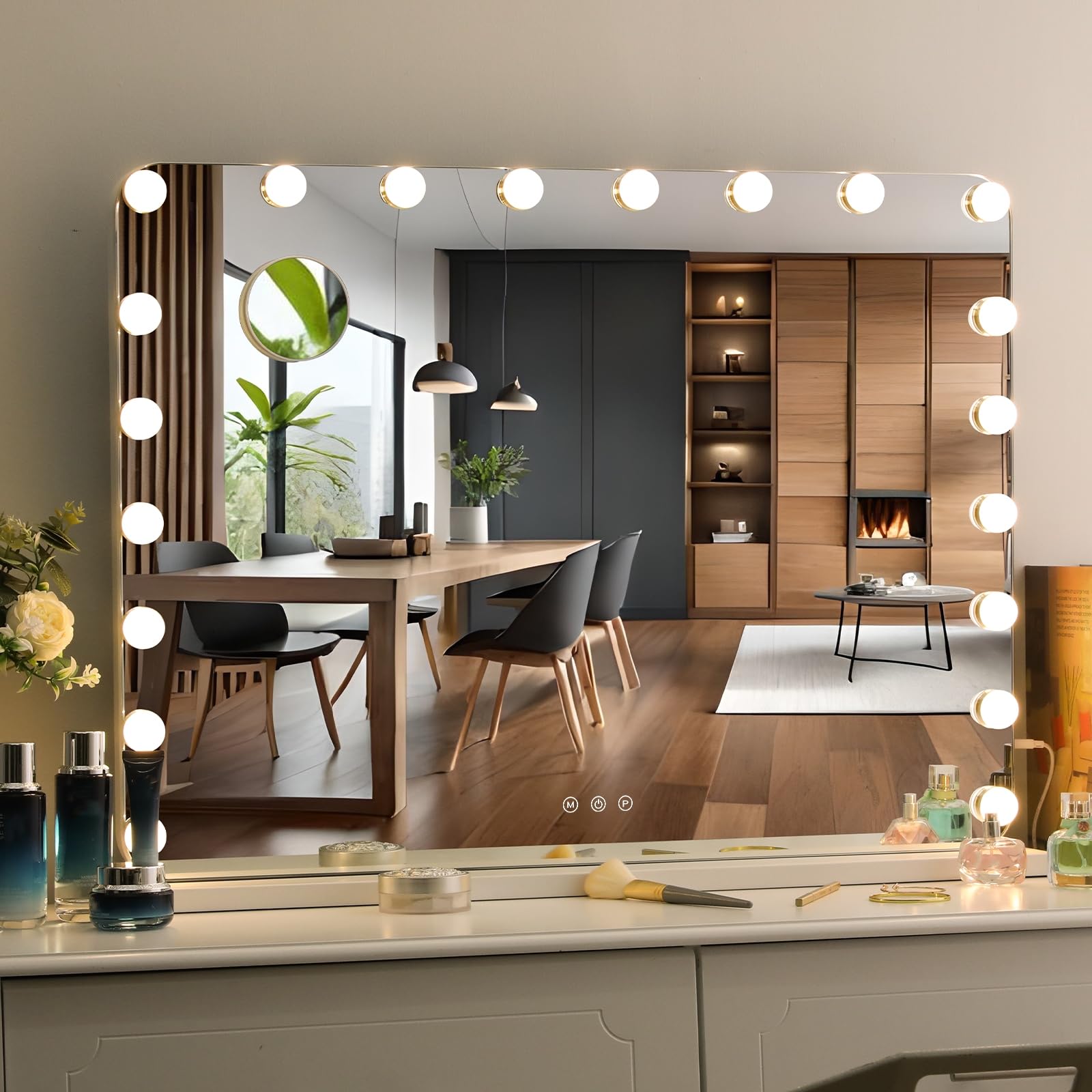 Clevich Hollywood Lighted Mirror, 20 LED Lighted Makeup Mirror, 80 x 60 cm, Adjustable Brightness, USB and Removable Magnifier, Wall Mirror, Table Mirror, 3 Light Colours,
