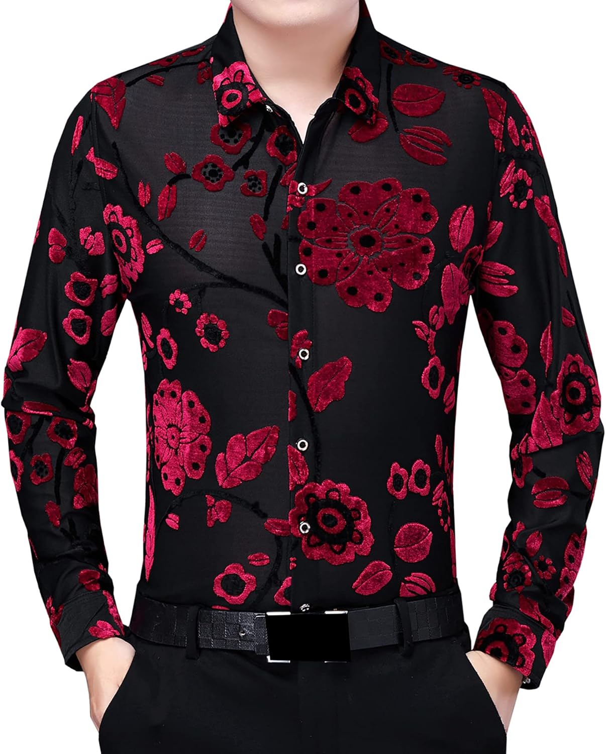 Mens Shirts Long Sleeve Casual See Through Sheer Lace Shirt