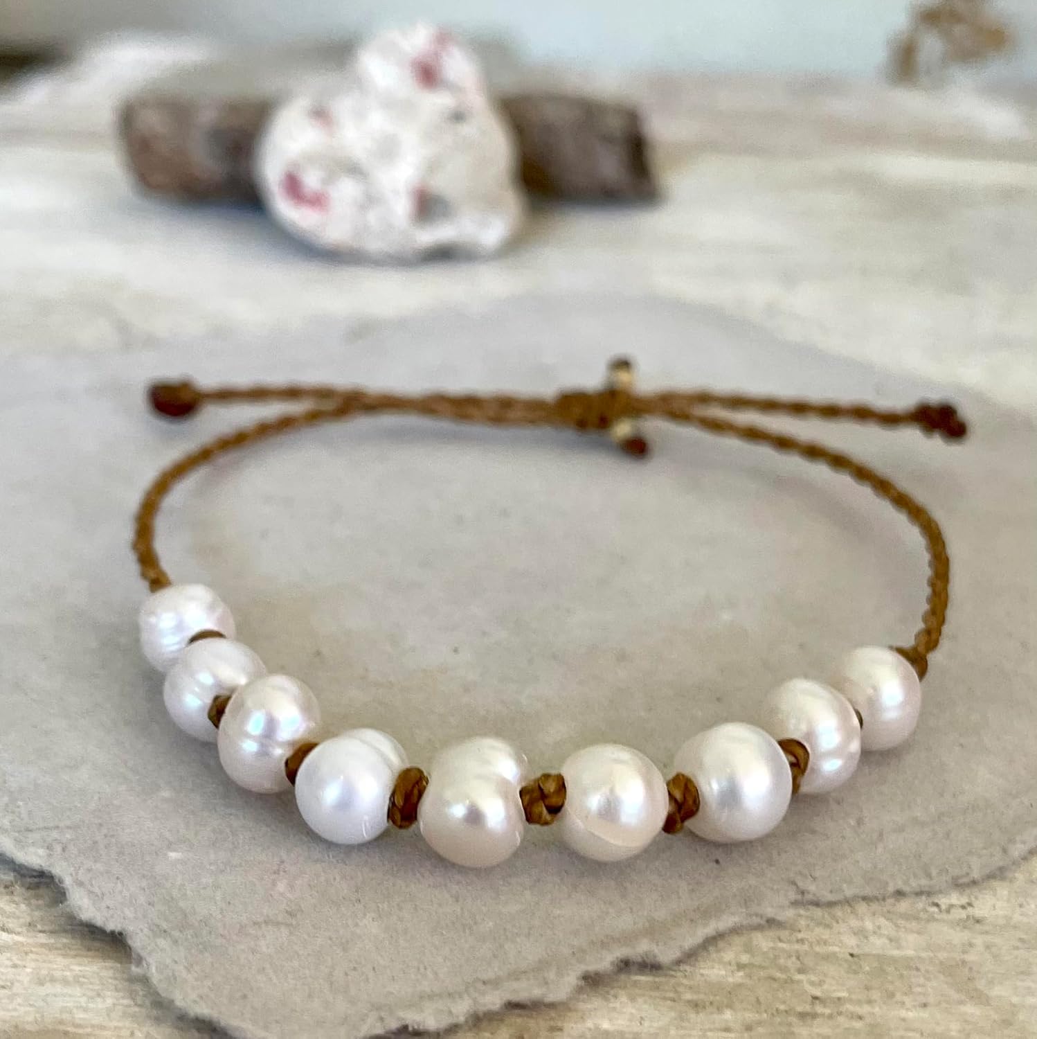 Natural Freshwater Pearl Bracelet or Anklet for Women, Casual Beach and Surfer Style on Hand Spun Rope Cord, Handmade by Beach Soul