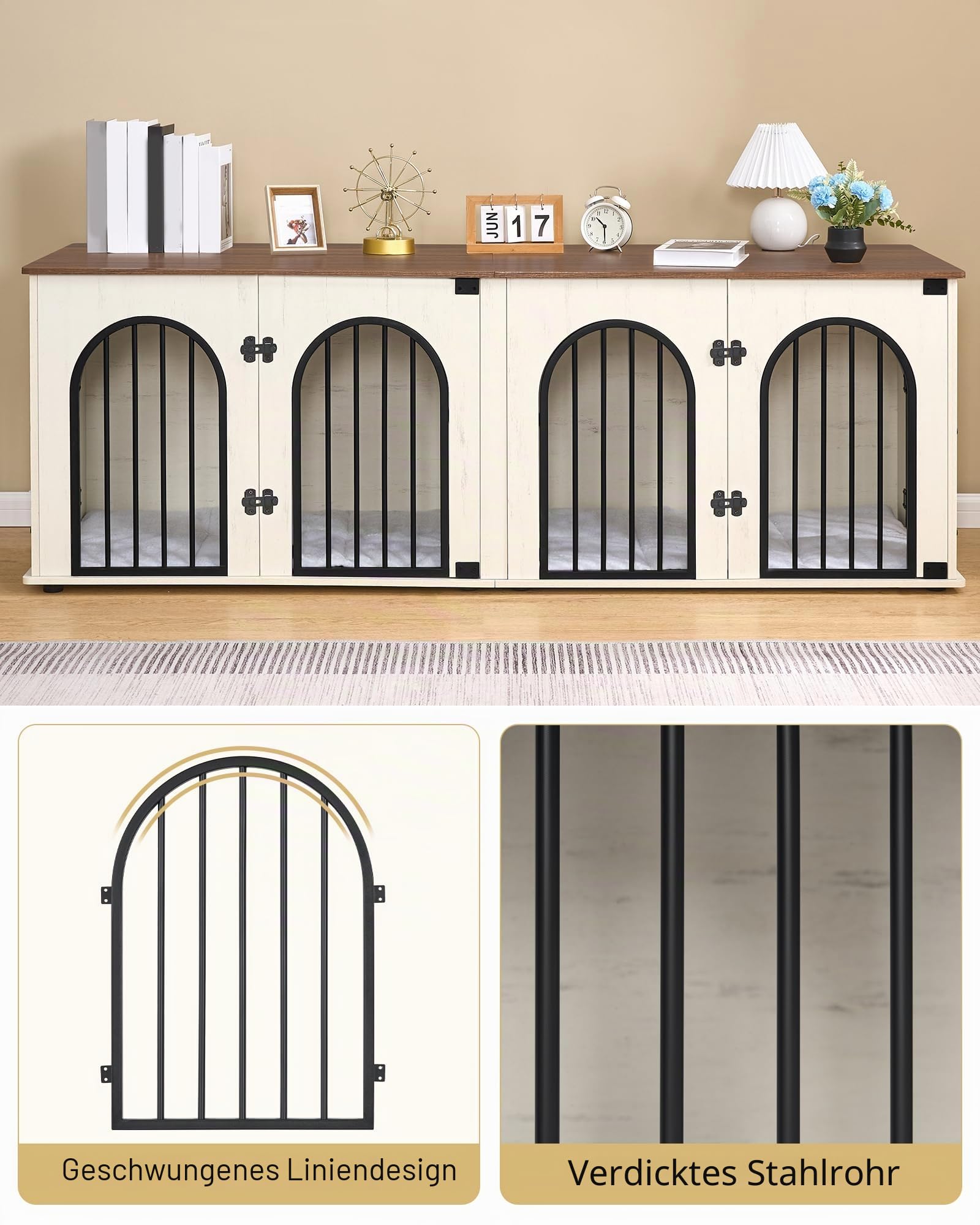 Hzuaneri 180 cm Hundekäfig Möbel für 2 Hunde, Doppel-Hundebox mit Kissen, Hundebox aus Holz mit Trennwand, Hundekäfig-Beistelltisch, TV-Ständer-Design für Mittlere/Große Hunde, Weiß Braun DFC91914B