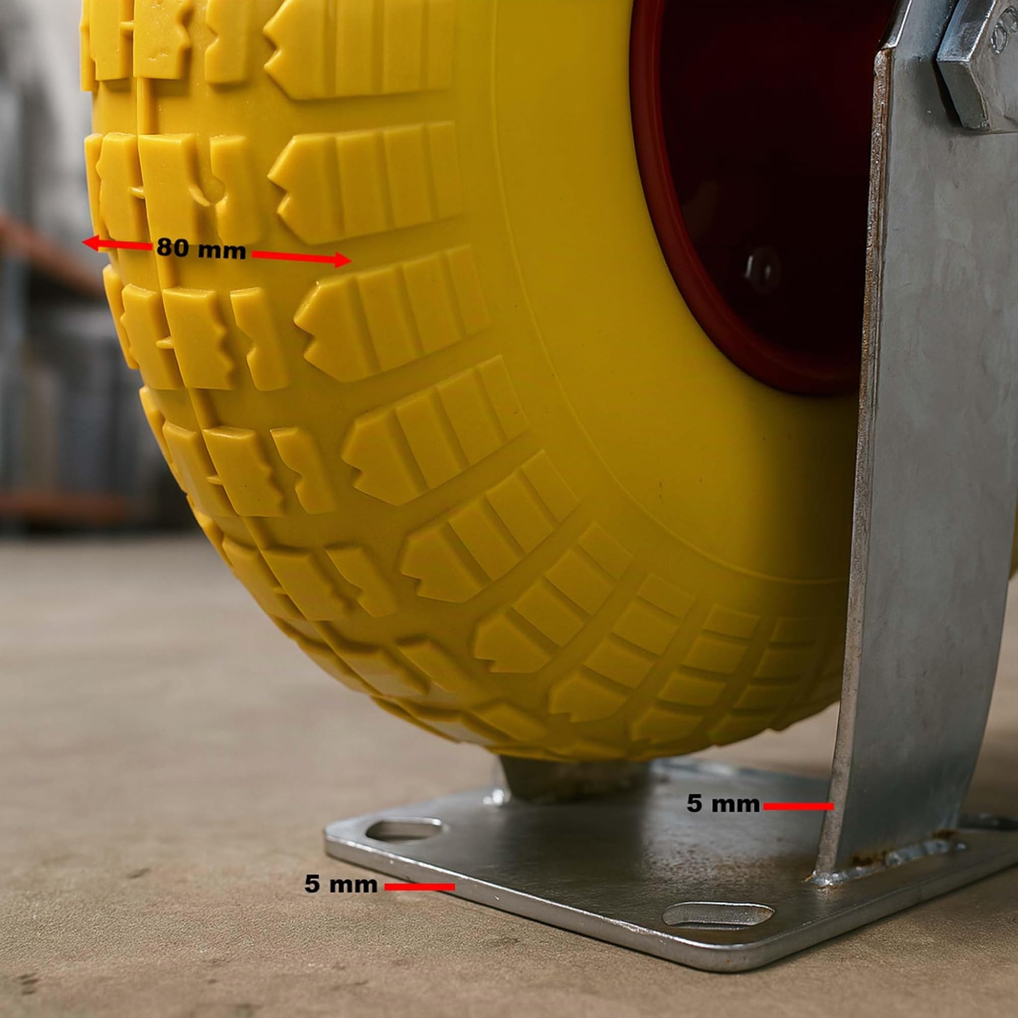 Wiltec Kit de 2 roulettes fixes de transport – Ø 265 mm – Capacité de charge max. 150 kg – Roue increvable en PU jaune – avec Jantes en métal – Dispositif de transport