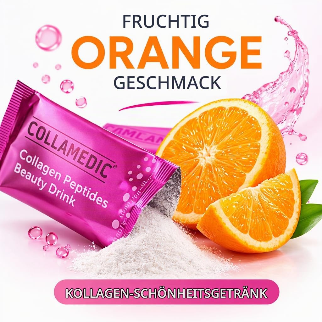 Kollagenpeptide Beauty Drink, angenehmer Orangengeschmack, Meereskollagen mit Hyaluronsäure, Phytoceramide, Oligopeptide, 30 Beutel x 8560 mg