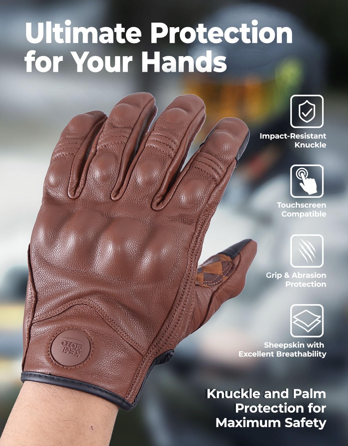 KEMIMOTO Gants de Moto Homme, Gants Moto en Cuir de Chèvre Coussinets avec Protection des Articulations pour Motocross, Scooter, Cyclomoteur, Mobylette, Quad, ATV