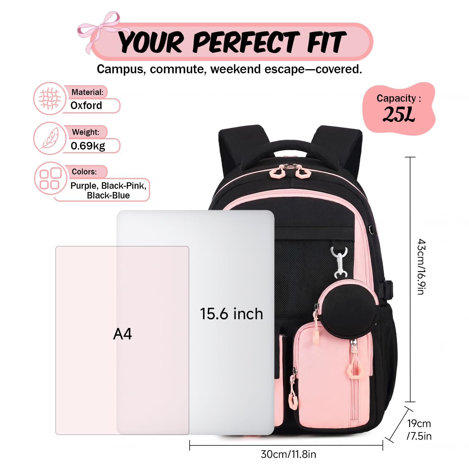 Amythe Schulrucksack für Mädchen 3.-7. Klasse mit Trolley-Gurt, Rosa | Wasserdichter Schultasche für Mädchen 9-16 Jahre mit Reflektoren & Münzbeutel, Leichter Modischer Rucksack für Schule Reise