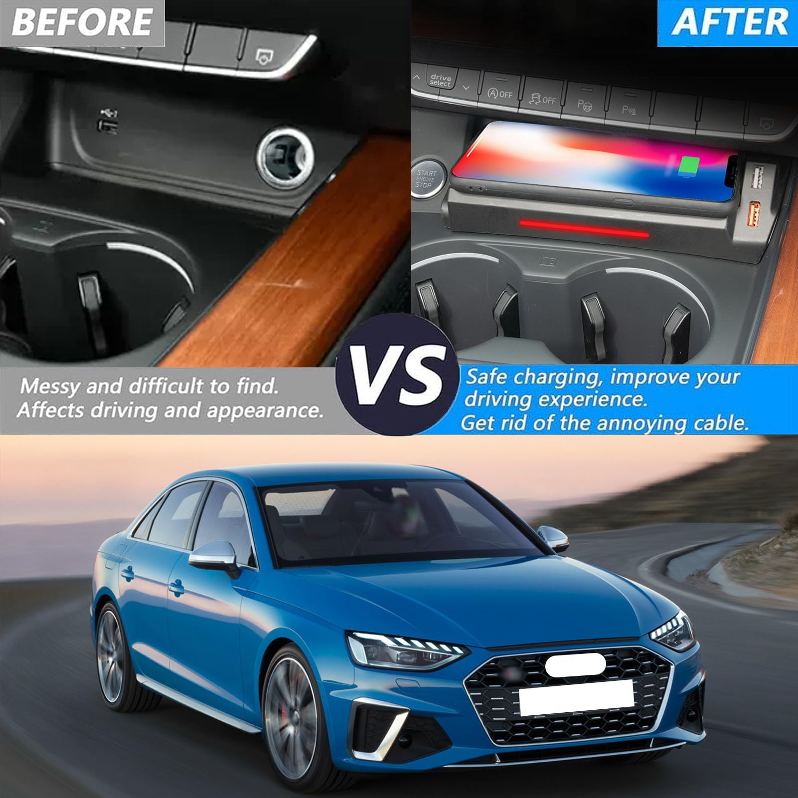 Caricabatterie Wireless per Auto per A4/S4/Rs4/A5/S5/Rs5 Tutti i Modelli Accessorio con Ricarica Rapida Wireless da 15 W, Regalo per la Famiglia