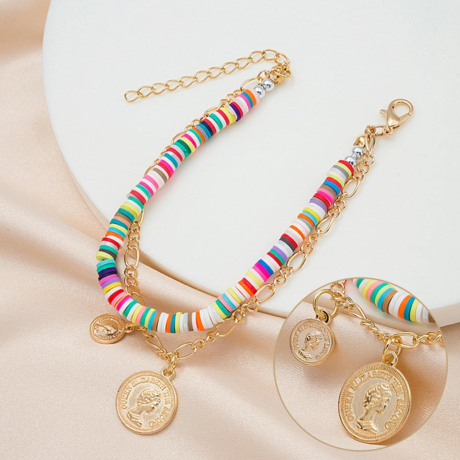 Set di braccialetti elasticizzati con perline heishi in argilla polimerica arcobaleno 7 pz all'ingrosso