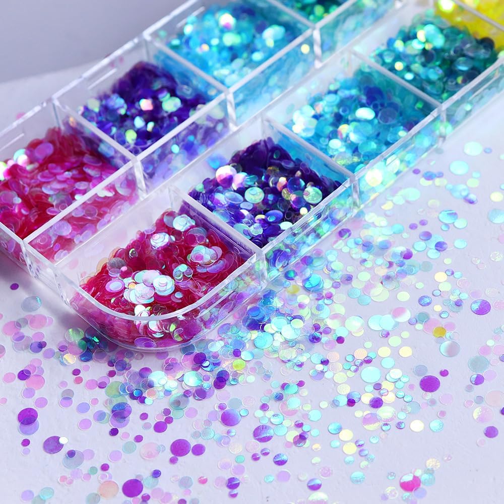 Holographic Nail Art Confetti Sequins, Iridescent Chunky Glitter Flakes, 3D Mermaid Laser Nail Decoration for Women DIY Manicure, Round Nail Sequins 3mm 12 Grids (Colorful)