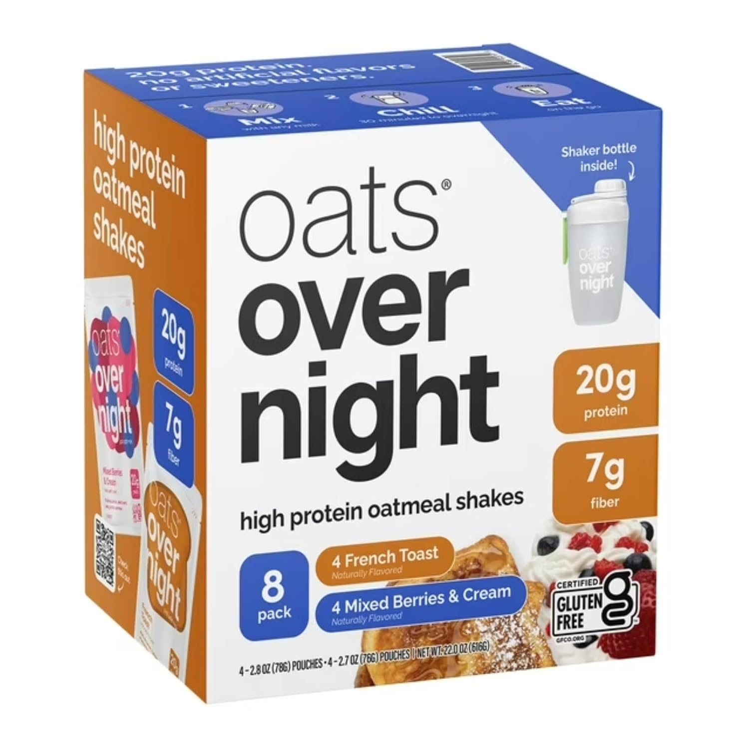Oats Overnight Avena Alta en Proteína 8 Pack, Botella Shaker - Mixed Berries & Cream + French Toast