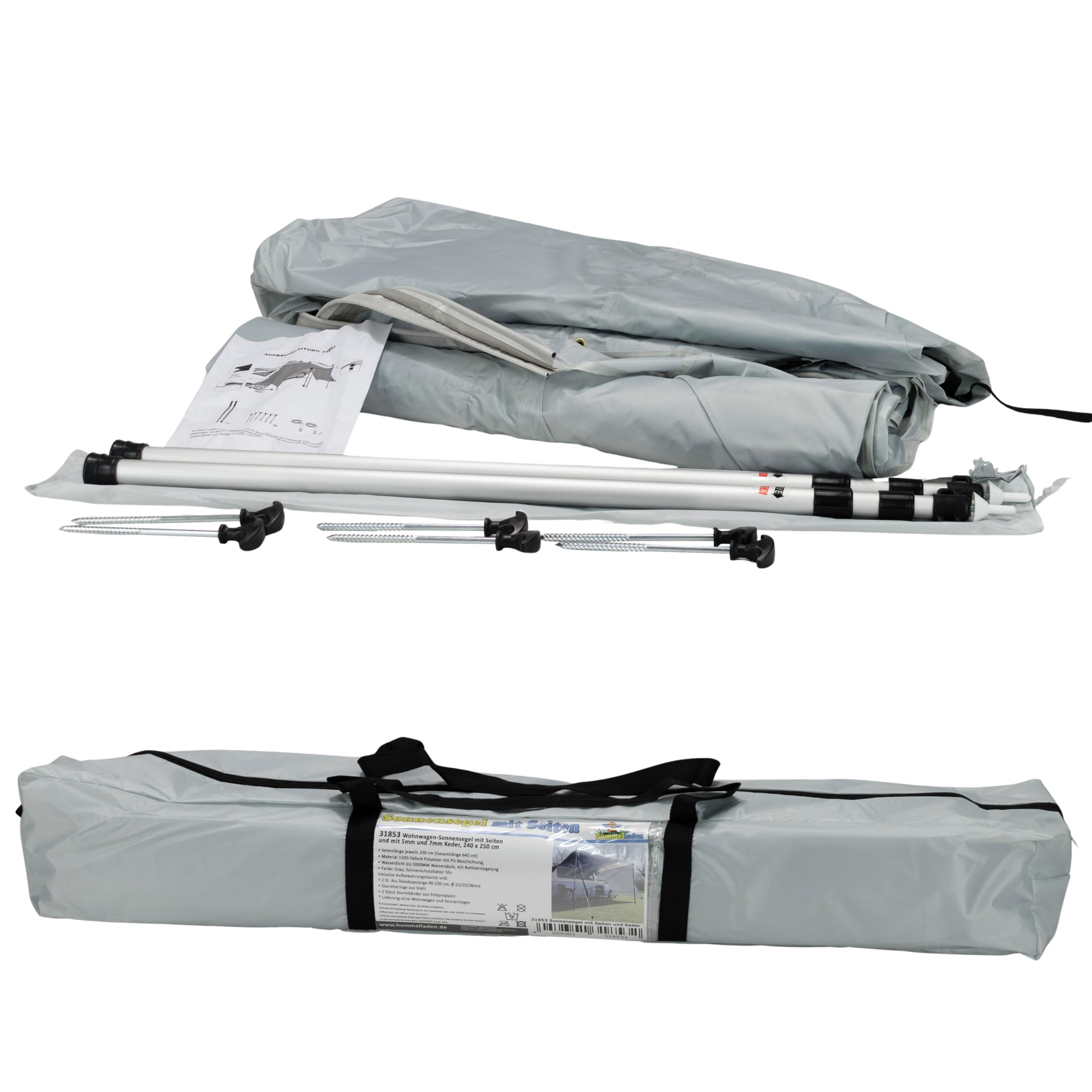 Sonnensegel 250x240 mit Seitenwänden Wohnwagen Vorzelt Camping Gestänge Sonnenschutz 5000mm Wasserfest Tarp