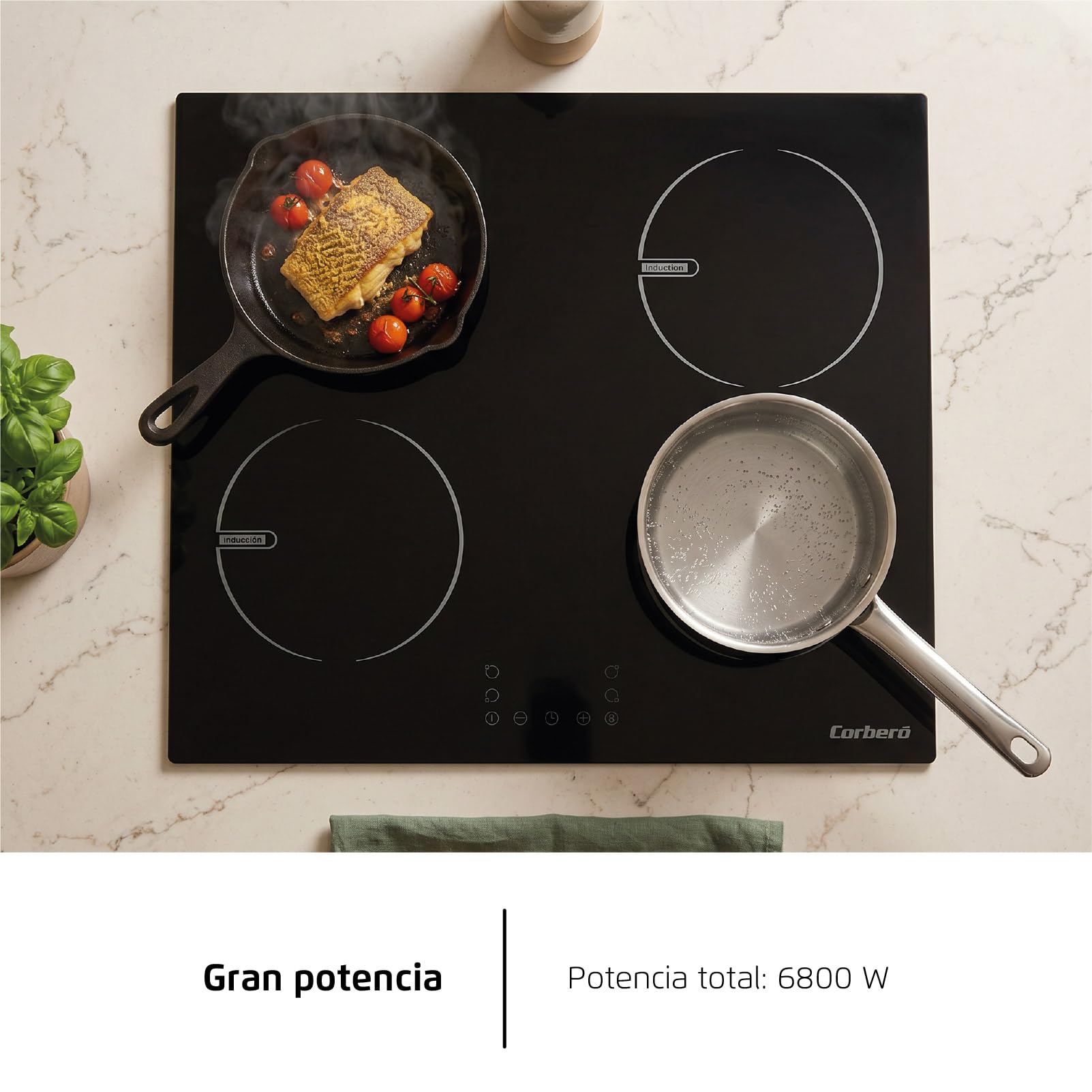 Corberó - Placa de Inducción 60cm | CCIG48BF | 6800 W | 4 Zonas | Control Táctil | Temporizador 99 Min | 9 Niveles Potencia | Booster | Bloqueo Infantil | Negro