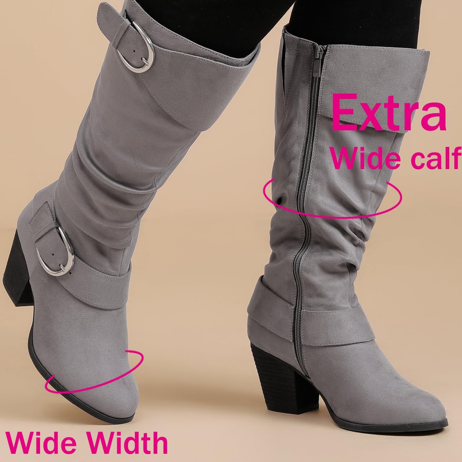 Luoika Women's Extra Wide Calf Slouchy Knee High Boots, Wide Width Knee-High Boots Low Stacked Heel Side Zipper Winter Fall Tall Boots. - Image 4