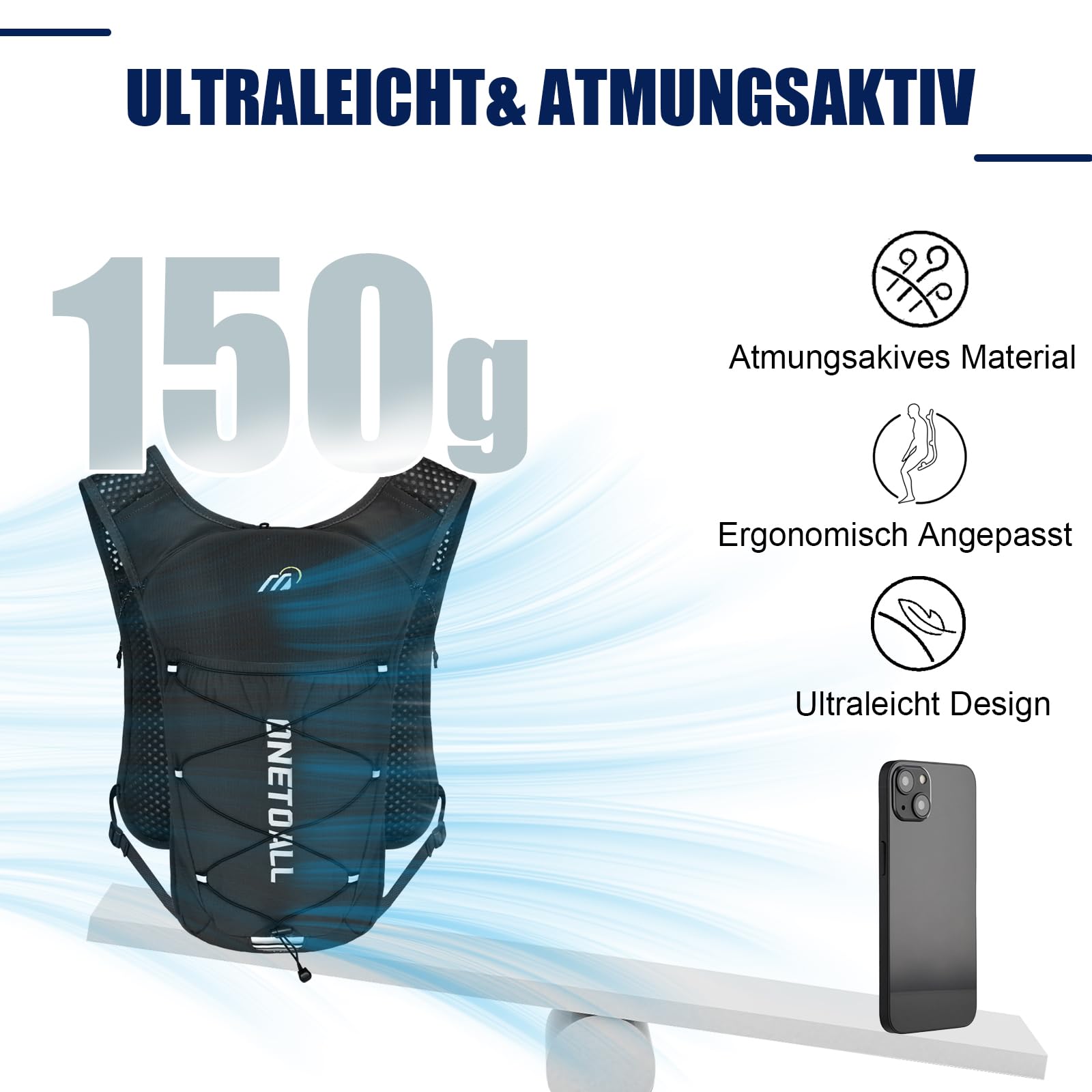 Laufweste Damen mit 500ml Trinkflasche/2L Trinkblase, Leichter Trinkrucksack Laufen Herren 6L, Runing Vest Reflektierend für Jogging, Trailrunning, Fahrrad, Marathon, Motorrad, nur 150g