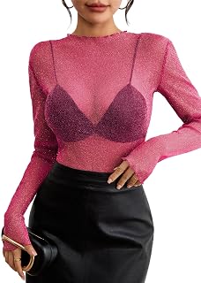 Pink Queen Women's Mesh Sheer Tops Sexy See Through Mandarin Collar FIt Party Clubwear Shirts