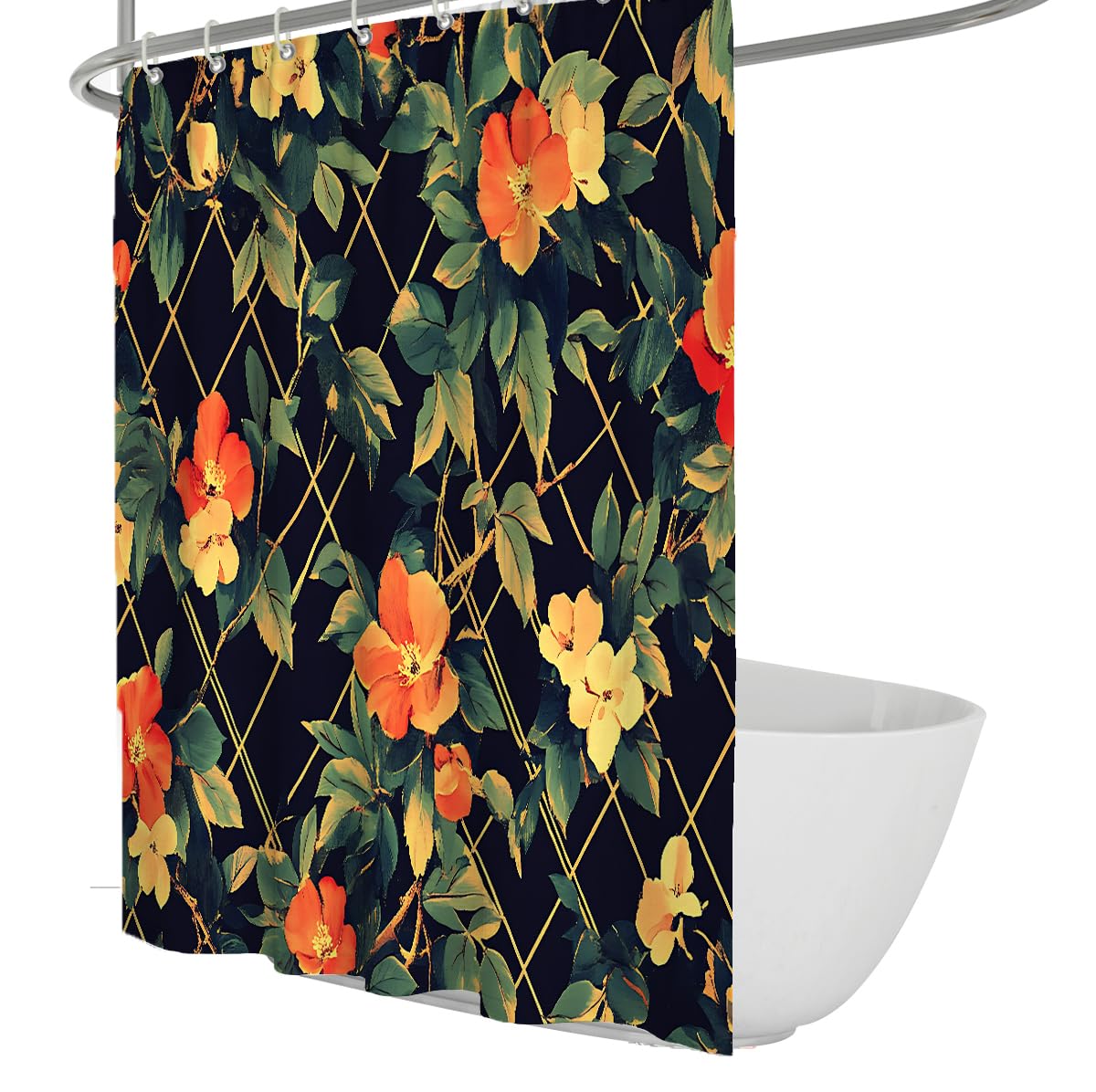 UERWOWELL Country Cottage Blossom Shower Curtain Diamond Grid Vine Patterns Bath Curtain Rustic Bathroom Decoration Waterproof Polyester Fabric W200xL200 cm