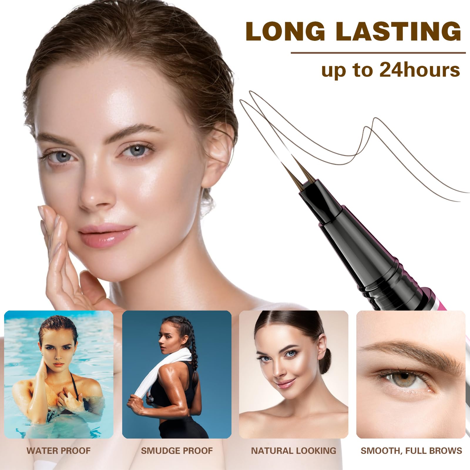 Matita per Sopracciglia Impermeabile Doppia Testa, Penna Eyeliner e Sopracciglia 2 in 1, Liquido Penna Sopracciglia Effetto Pelo per creare sopracciglia naturali, a lunga durata (Marrone scuro)