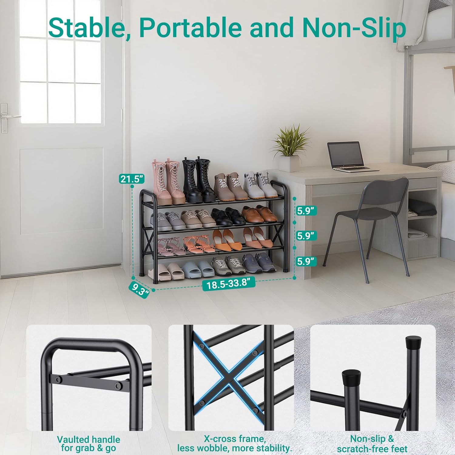 YEASHEIN 3-Tier Expandable Shoe Rack for Closet Floor, X-Frame Metal Small Shoe Rack for Entryway, Adjustable Shoe Shelf Organizer, Free Standing Shoe Racks for Front Door Entrance, Garage - Black