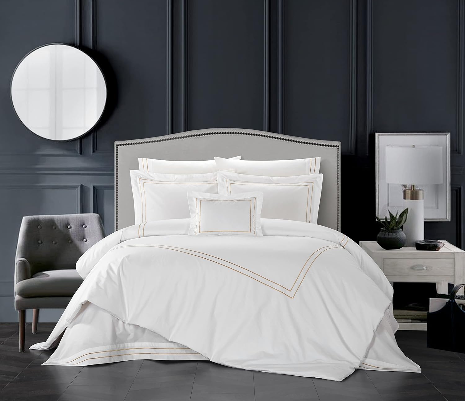 Chic Home Santorini 4 Piece Cotton Comforter Set Solid White with Dual Stripe Embroidered Border Hotel Collection Bedding – Includes Decorative Pillow Shams, Queen, Gold