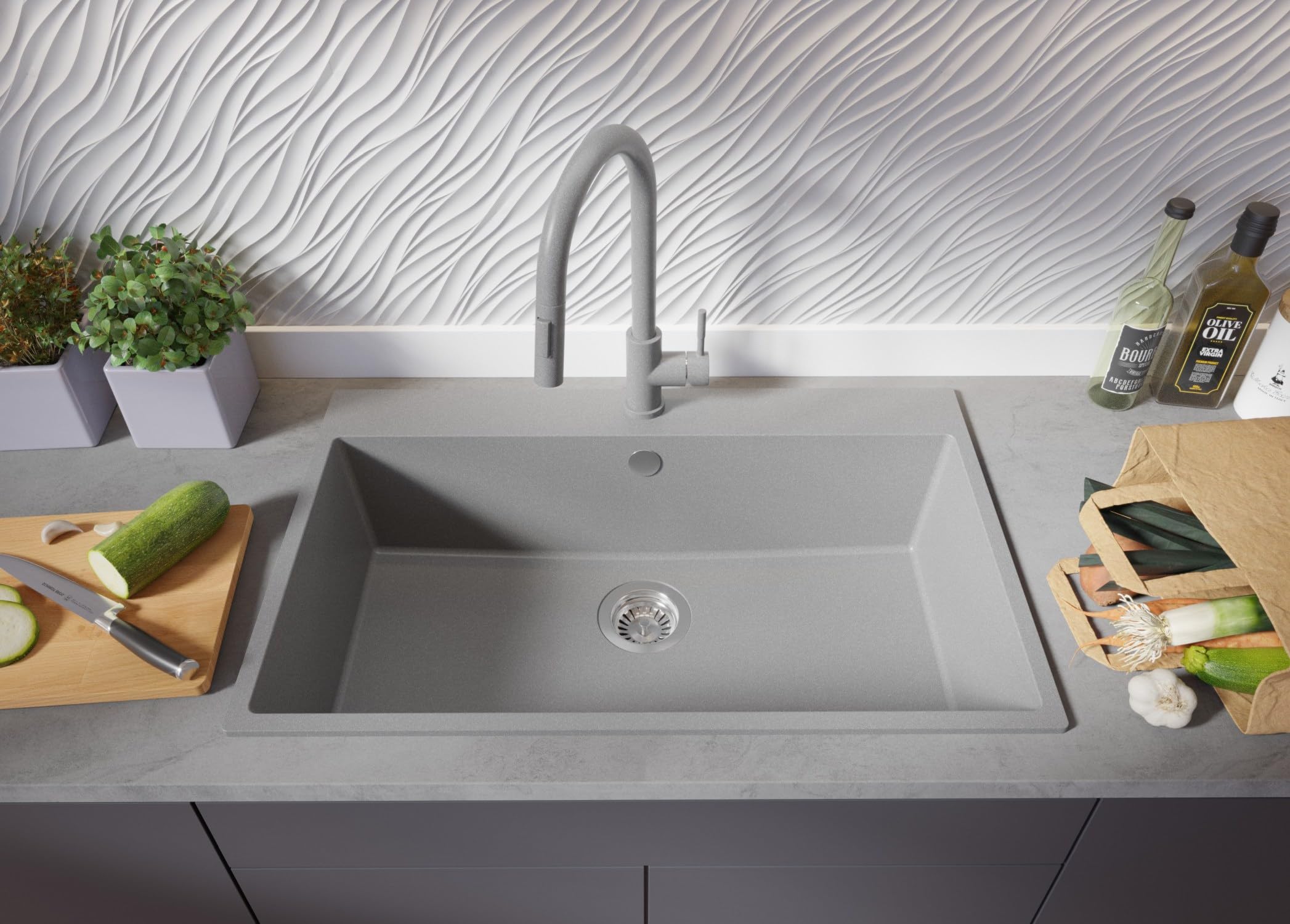 PRIMAGRAN Evier Cuisine en Granit Gris - Riga, 78x50cm | Lavabo 1 Bac + Kit de Vidage, Évier à Encastrer au Meuble 80cm (S399)
