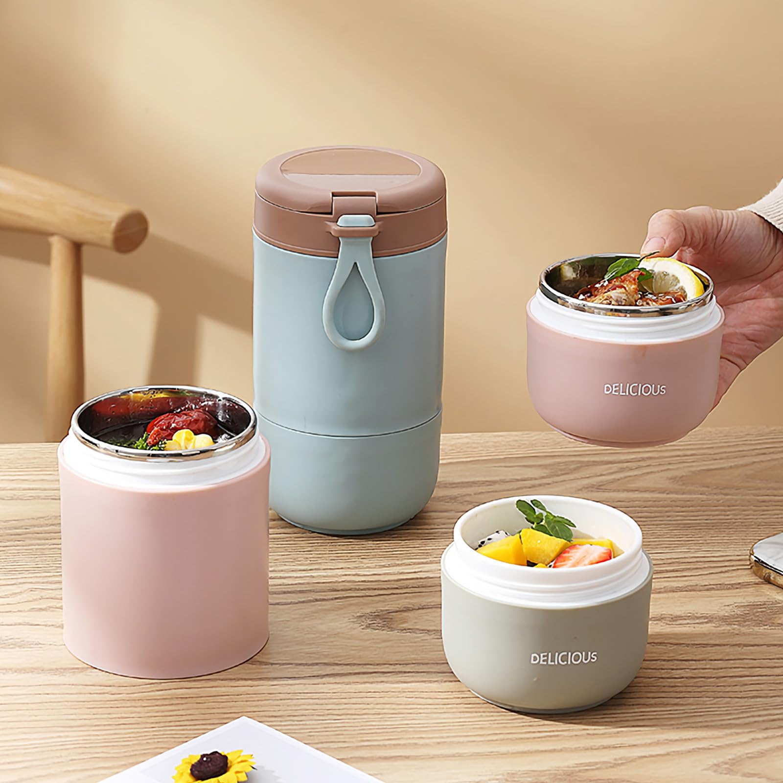 Contenitore per alimenti isolato a tenuta stagna da 15 once, thermos in acciaio inossidabile, isolamento sottovuoto, con cucchiaio, per scuola, lavoro, picnic (blu, doppio strato)