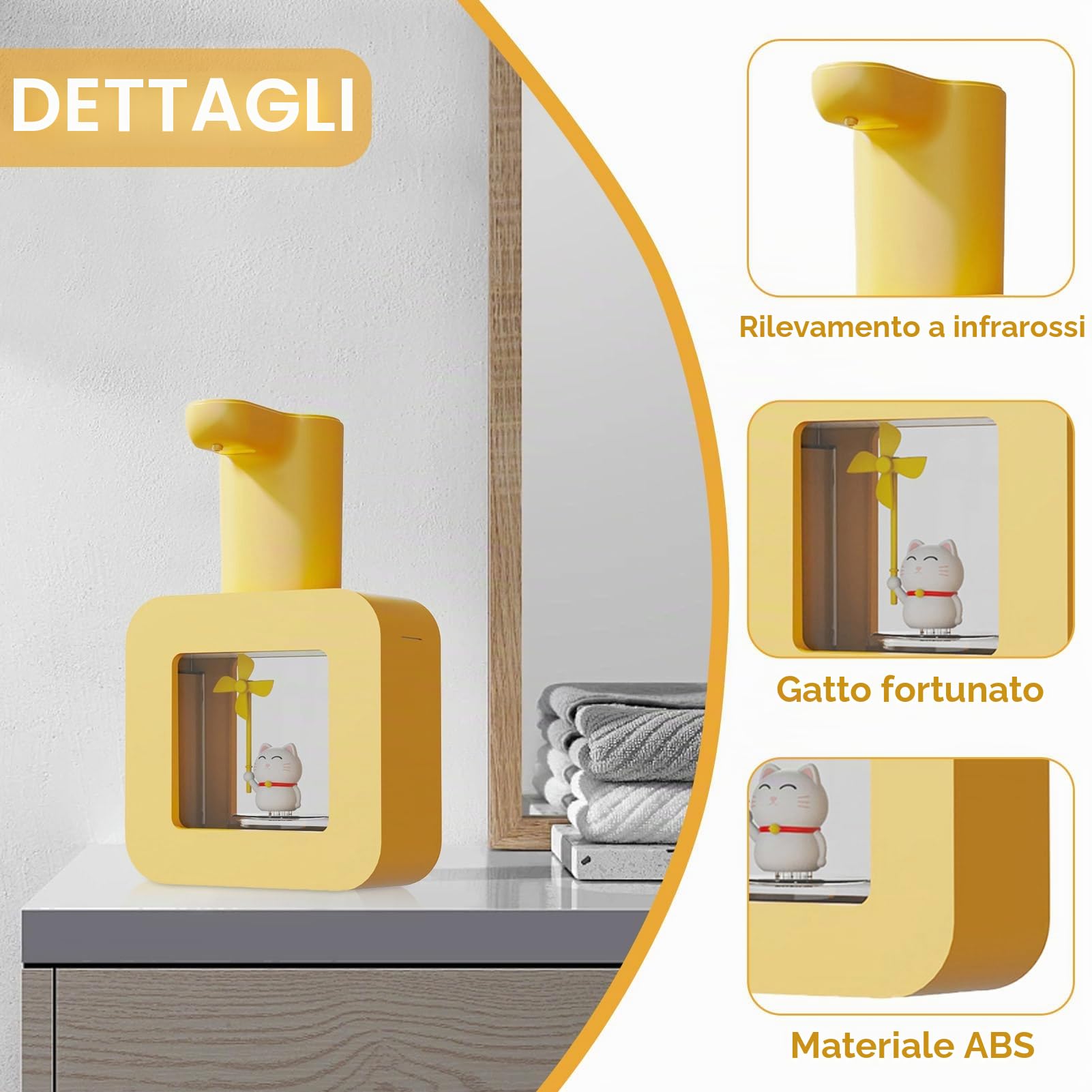 Dispenser Automatico di Sapone, 400 Ml Dispenser di Sapone Senza Contatto Schiumogeno Carino Dispenser di Sapone Per Mani Impermeabile Per Bambini Per La Scuola del Bagno di Casa(Giallo)