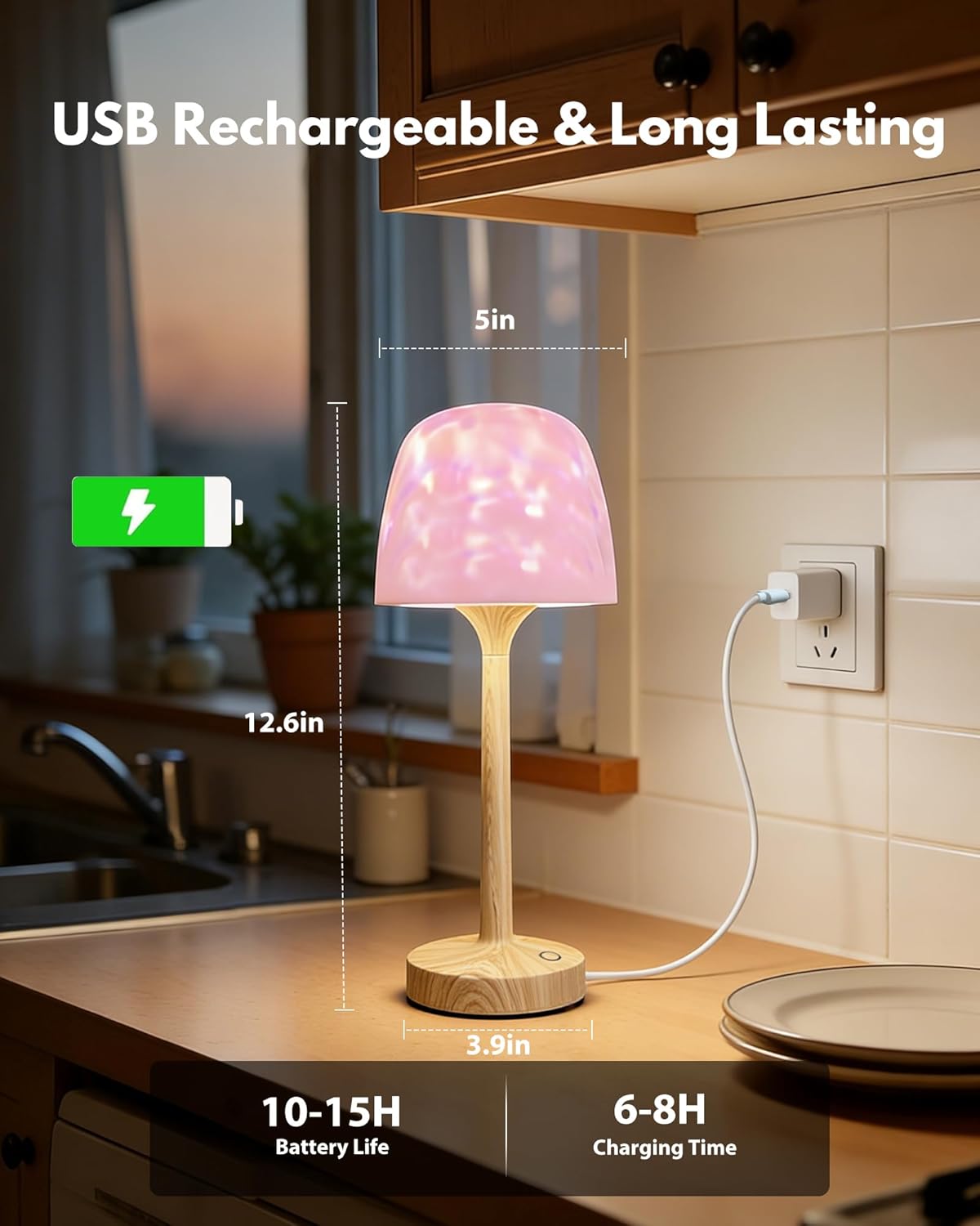 Shower Lamp - Waterproof Bathroom Lamp with 16 Color Ocean Wave Projector, Cordless Light for Inside Shower/Bathtub Bedroom Living Room Kitchen Decor (Wood Grain)