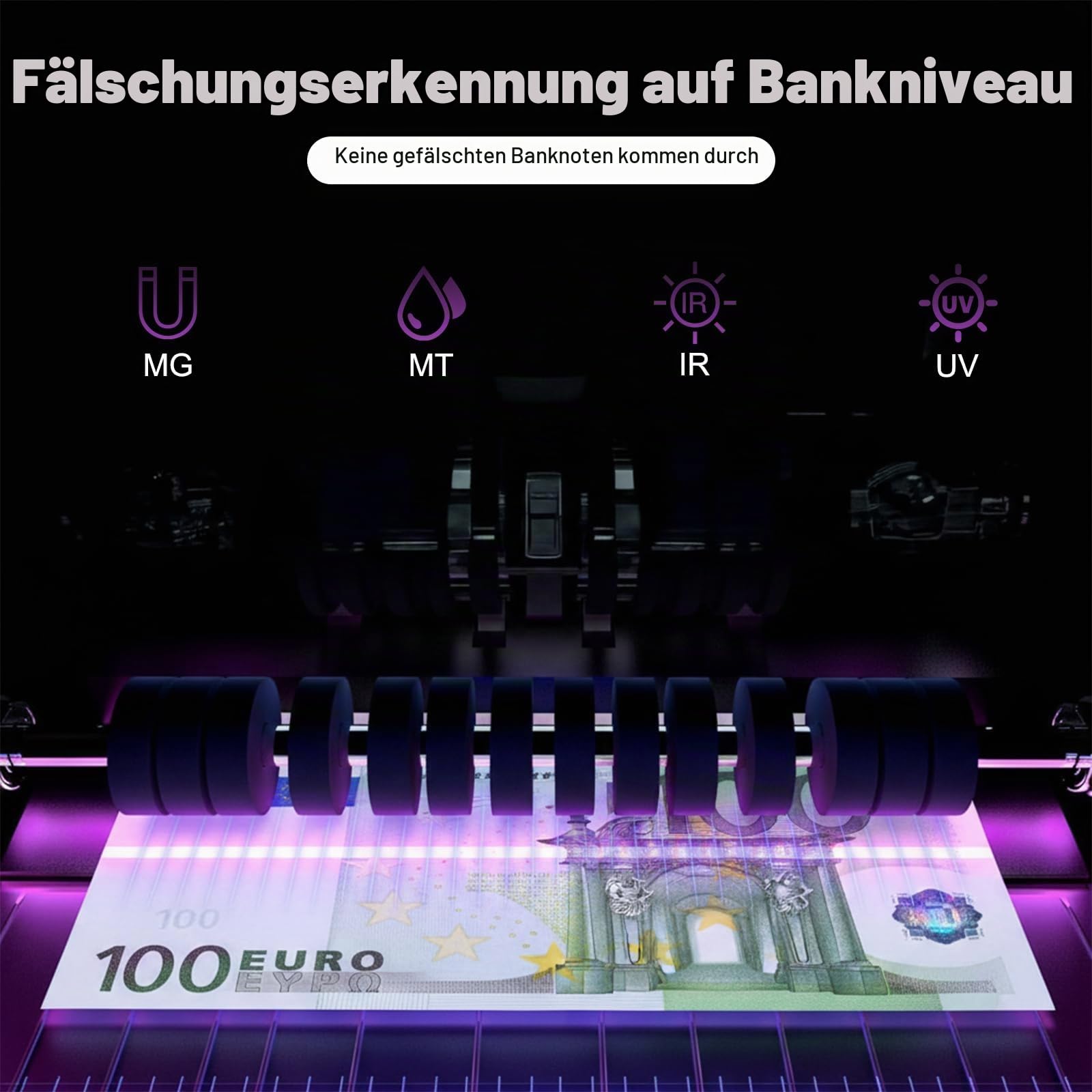 Geldzählmaschine Geldzähler Banknotenzähler mit UV/MG/IR/MT, Banknotenzählmaschine Geldscheinzähler mit 3,5” LCD-Display und Externes Display, 1000 Blatt/min