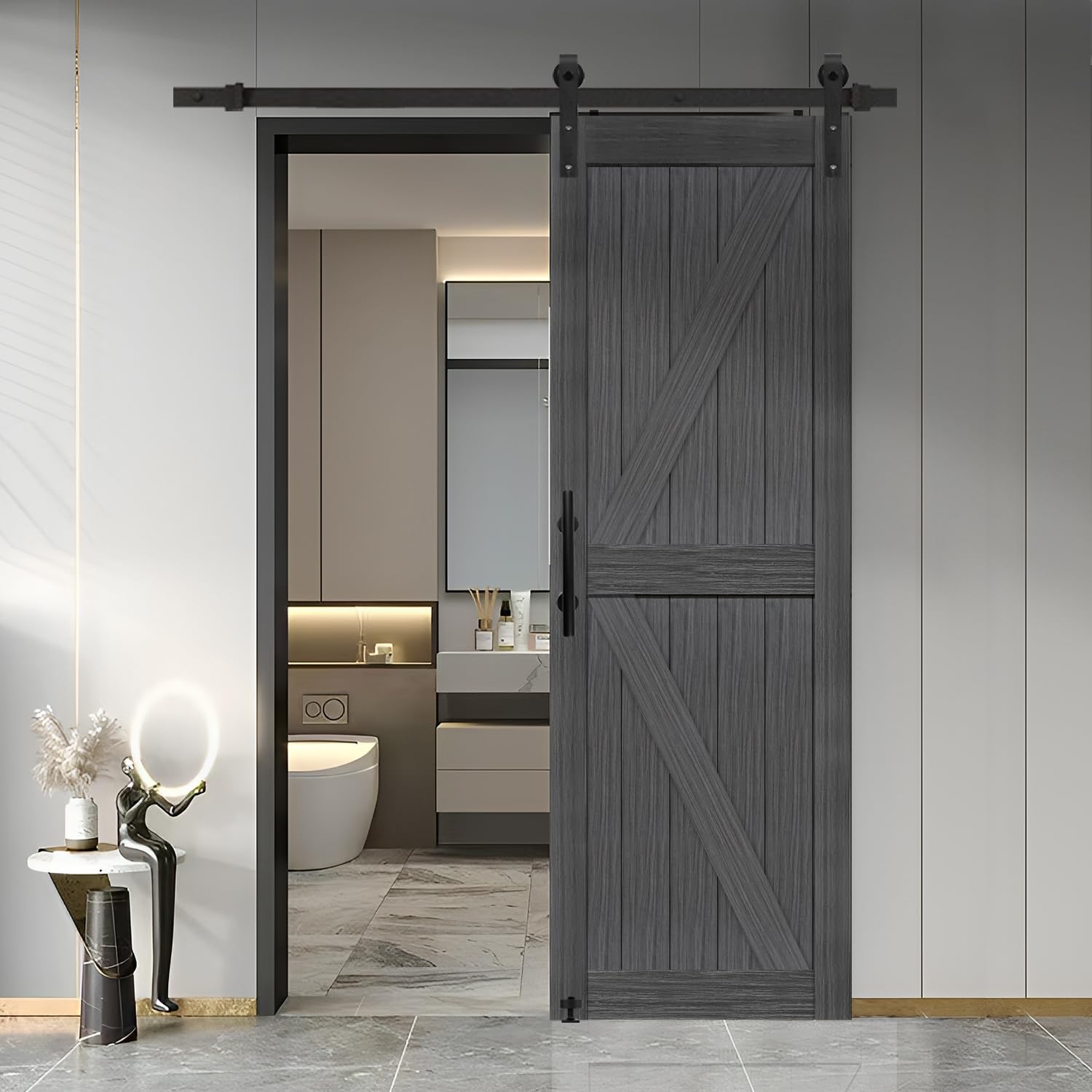 S&Z TOPHAND® 26 in x 84 in MDF Deep Gray British Brace Knotty Barn Door with 5FT Sliding Door Hardware Kit/Double -Sided Door Handle/Sliding Door/Double Surfaces/Simple Assembly is Required