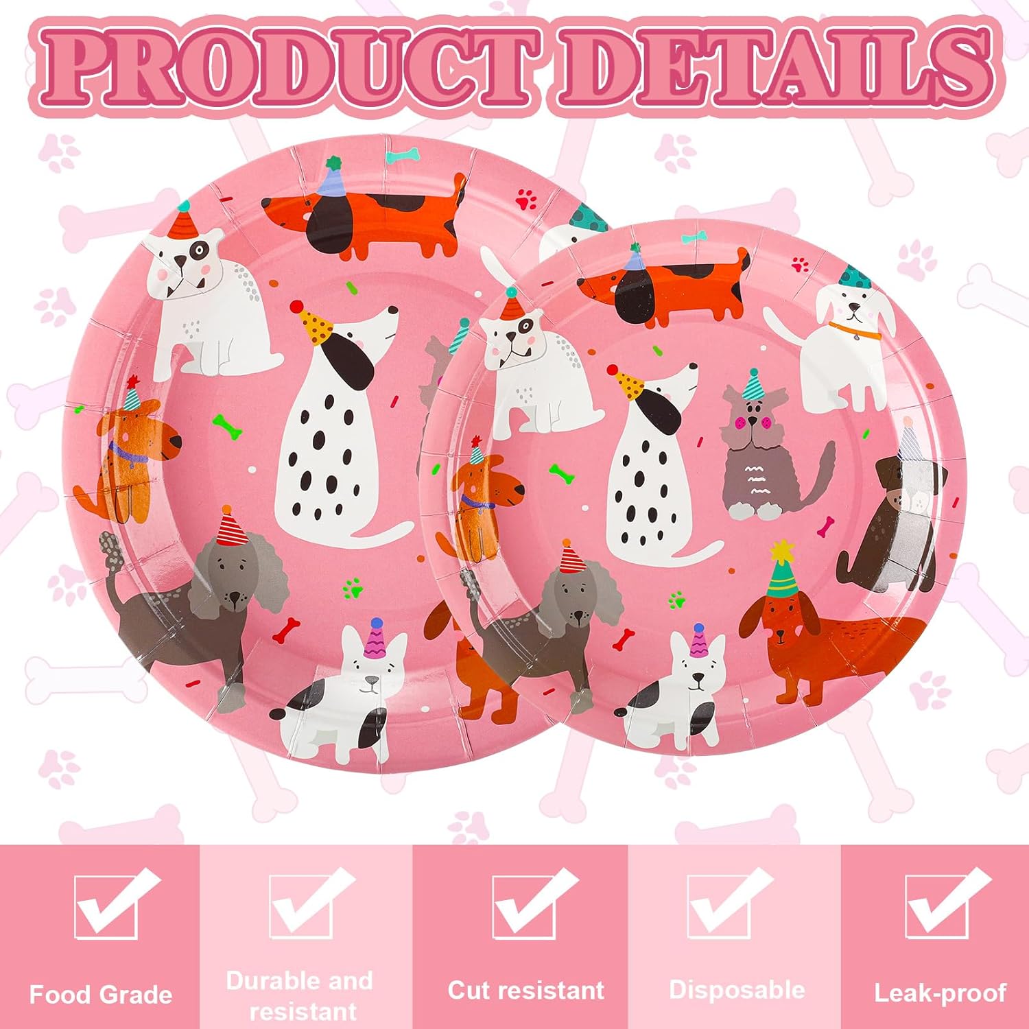 100 Pcs Dog Theme Birthday Party Plate Pink Dog Tableware Includes 9" 7" cute Cartoon Dinner Disposable Plates for Animal Pet Birthday Party Table Decor Supplies - Image 3