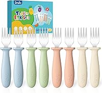 DRKIO 8-Piece Toddler Forks Set: Safe 18/8 Stainless Steel Baby Utensils with Silicone Handles, Anti-Choke Design, Dishwasher Safe for Self-Feeding Kids