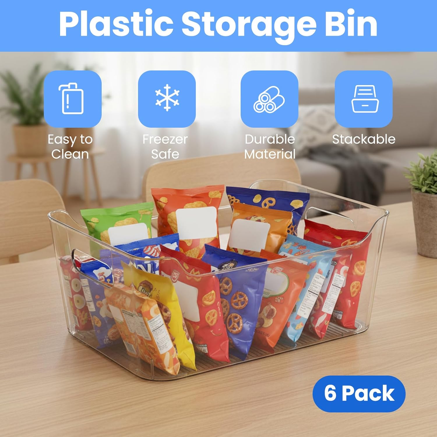 Clear Plastic Storage Bins Set of 6, Multi-Use Organizers and Storage Containers With Handles, Organizer Bins for Home & Kitchen, Cabinet and Pantry