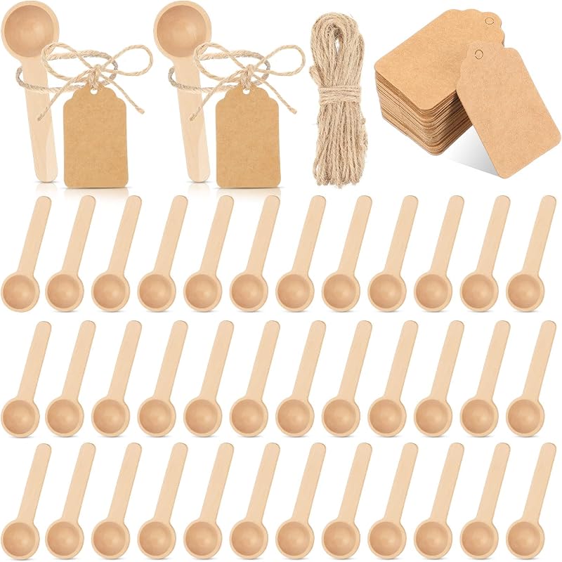 50 Juegos de Mini Cucharas de Madera de 3 Pulgadas Cucharas Pequeñas de Madera Cucharas Pequeñas Desechables para Tarros de Especias Cucharas de Madera con Etiquetas y Cordel Condimentos Miel Azúcar Cocina Aceite de Cocina Té Café