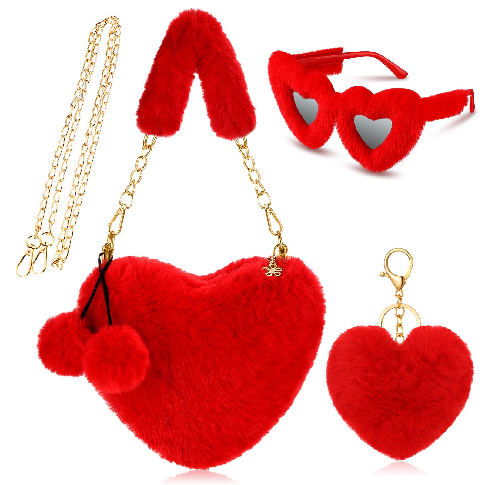 Abbylike 3 Pcs Furry Heart Shaped Gifts Fluffy Faux Fur Crossbody Chain Shoulder Bag for Women Valentine Gift(Red)