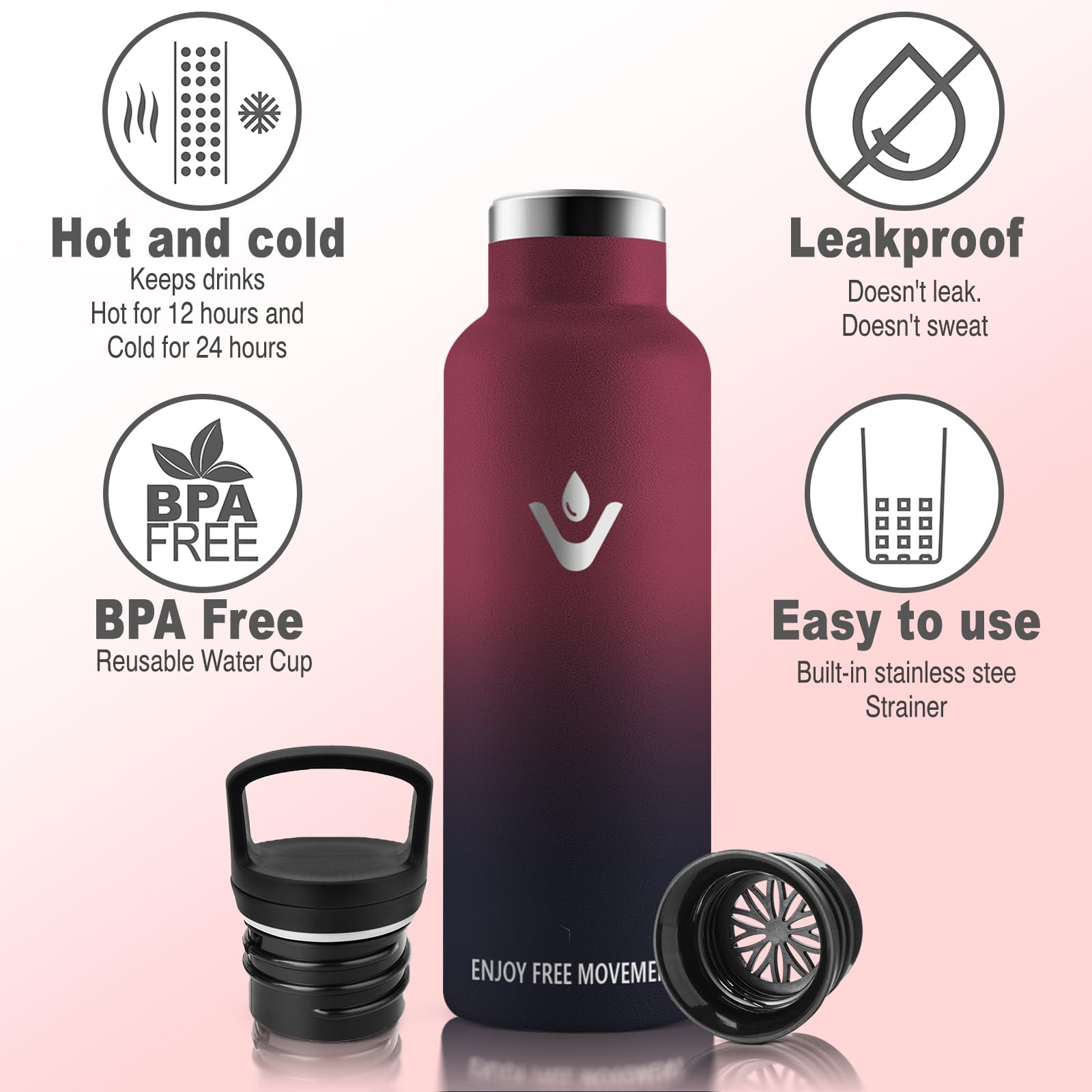 Vikaster Borracce sportive - Borraccia 1000ml, Borraccia acciaio inox, Borracce Senza Perdite, Borraccia con Cannuccia, Borraccia Termiche Sportiva, Adulto, Scuola, Outdoor