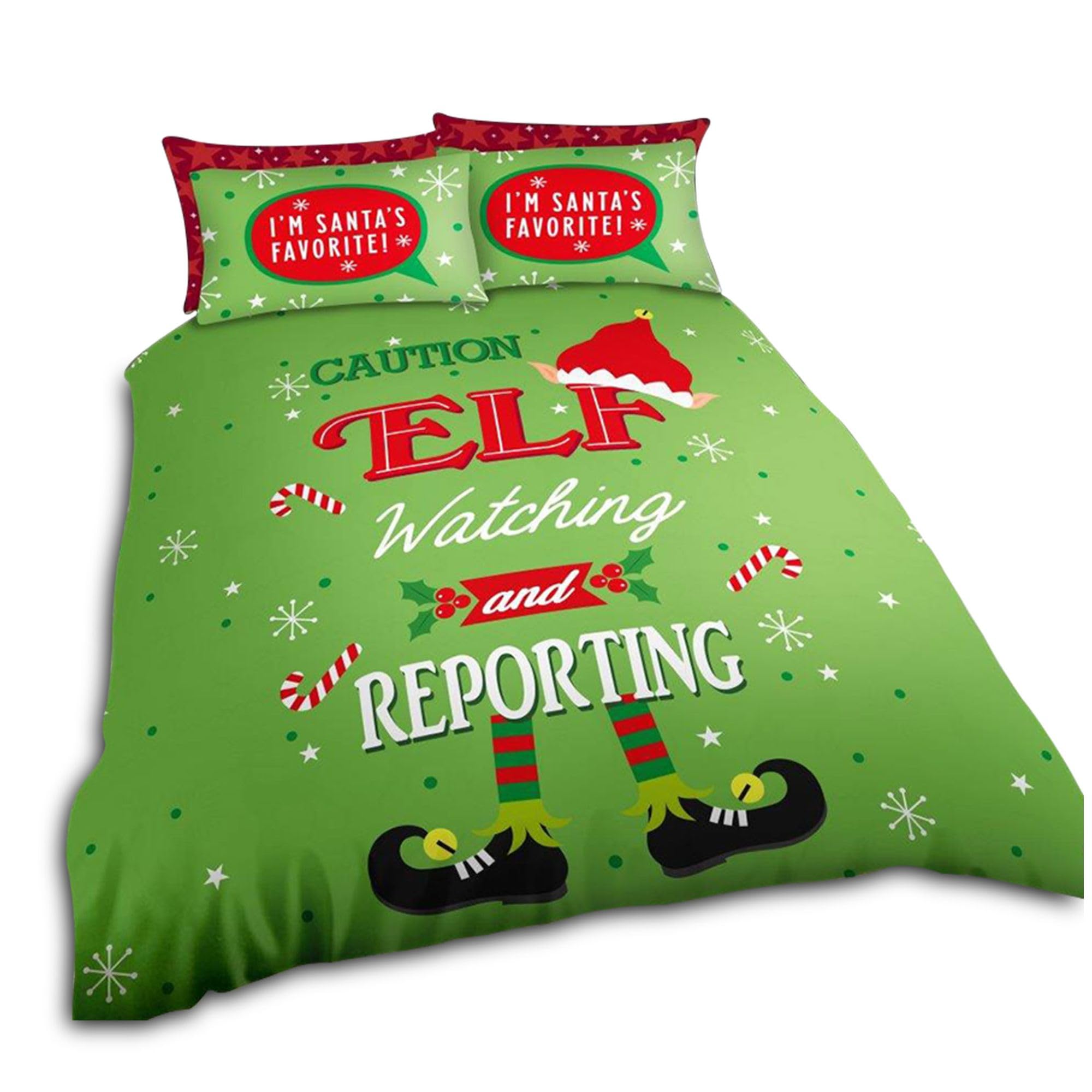 VELVETIO Christmas Duvet Cover Set Double with Pillowcases, Xmas Printed Elf On the Shelf Bedding Bedset, Super Soft Reversible Snowflakes Quilt Coverlet, Multi