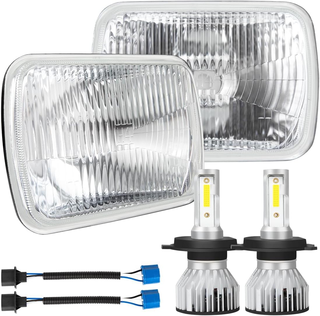 7X6 Inch H6054 Glass Square Headlight Housing + H4/9003 High Low Beam Bulbs for Cars,Truck and Van,Halogen Sealed High Low Dual Beam,OEM Style Original Classic Look Conversion Assembly Pair Kit