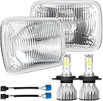 7X6 Inch H6054 Glass Square Headlight Housing + H4/9003 High Low Beam Bulbs for Cars,Truck and Van,Halogen Sealed High Low Dual Beam,OEM Style Original Classic Look Conversion Assembly Pair Kit