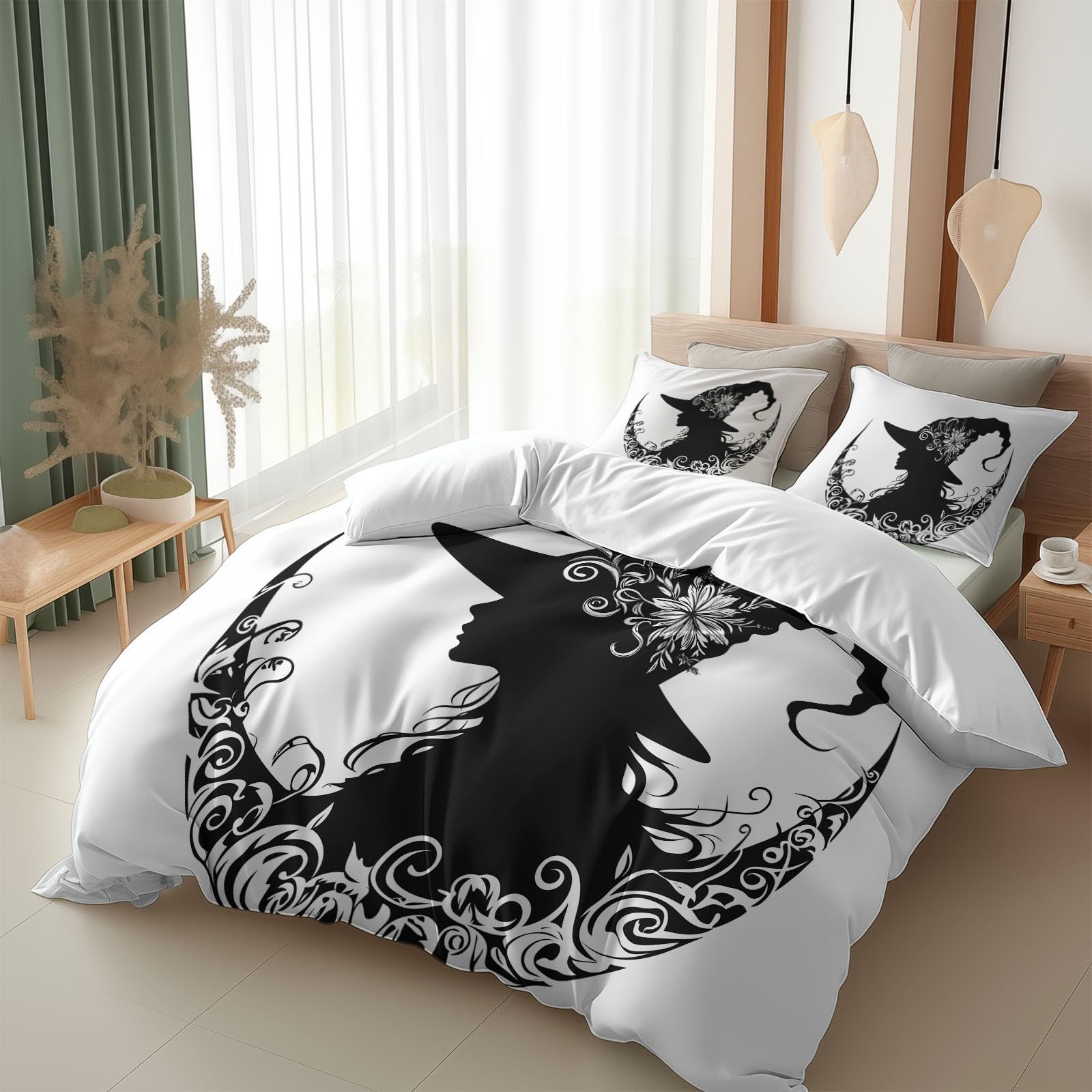 Srigzcaly Cot-bed Bedding Duvet Cover Set, Anime witch facing the moon All Season Quilt Cover 120 x 150 cm for Boys Girls, White Soft Lightweight Microfibre 3 Piece Bedding Sets with 2 Pillowcases