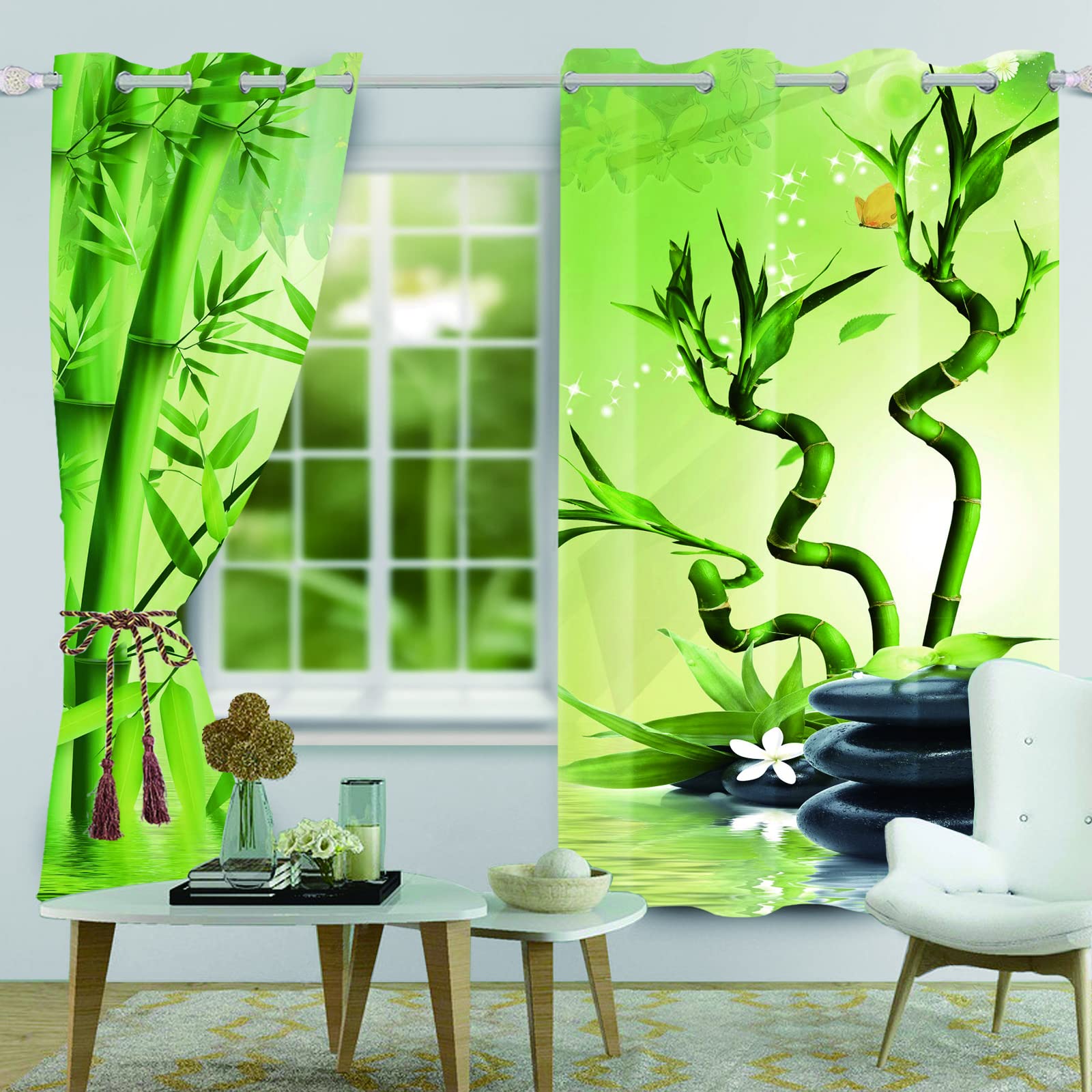 Rideau Occultant Thermique 117x175 Cm - Motif Bambou Jaune Et Fleurs, Oeillets, Pour Chambre/salon